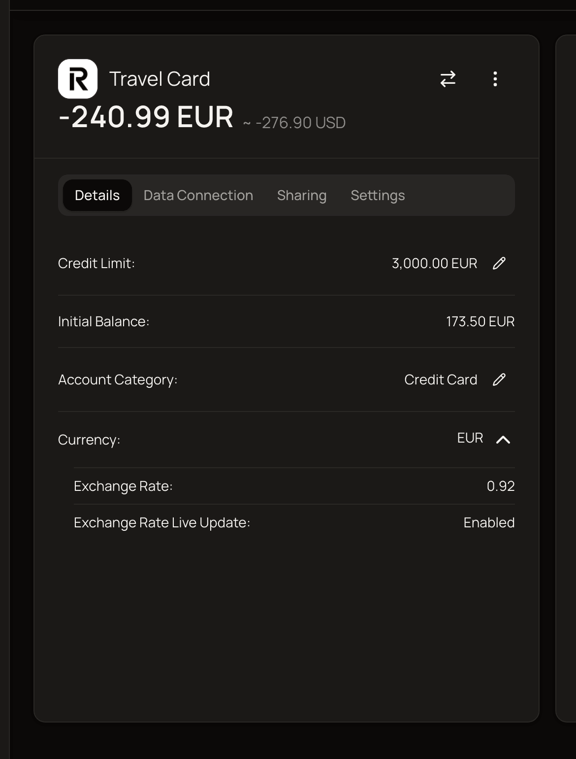An account page for a EUR credit card showing the logo, name and balance, with the Details tab open and the Currency row expanded to show the exchange rate and live update status.