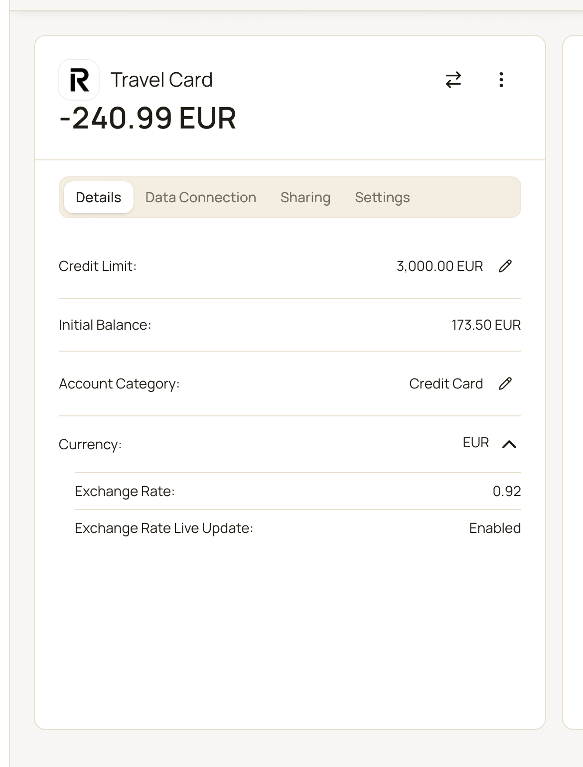 An account page for a EUR credit card showing the logo, name and balance, with the Details tab open and the Currency row expanded to show the exchange rate and live update status.