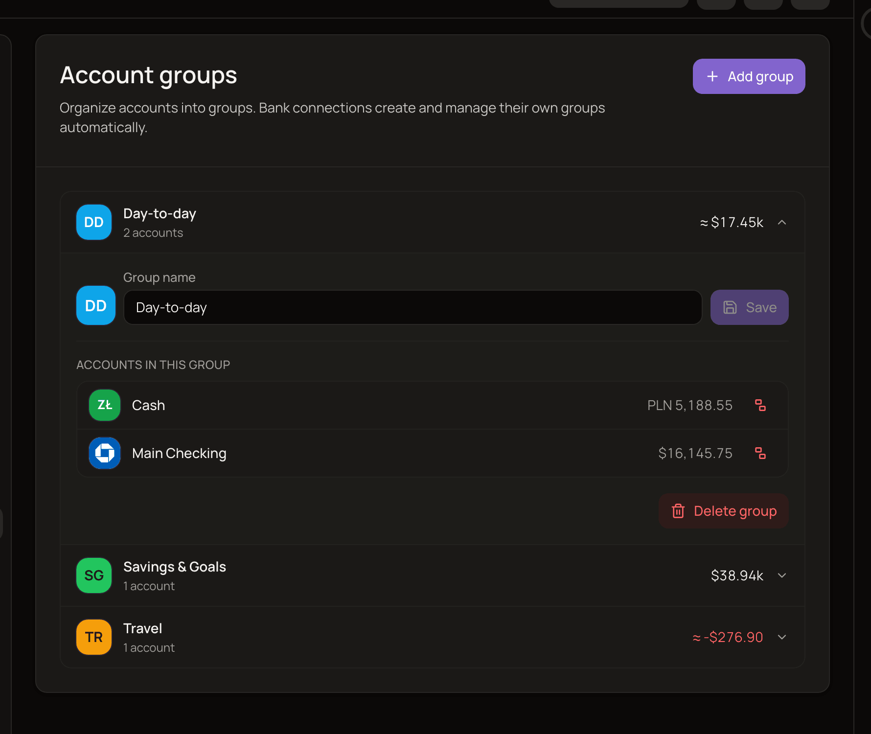 The Account groups settings page listing several groups, with one expanded to show the Group name field, the accounts in the group and the Delete group button.