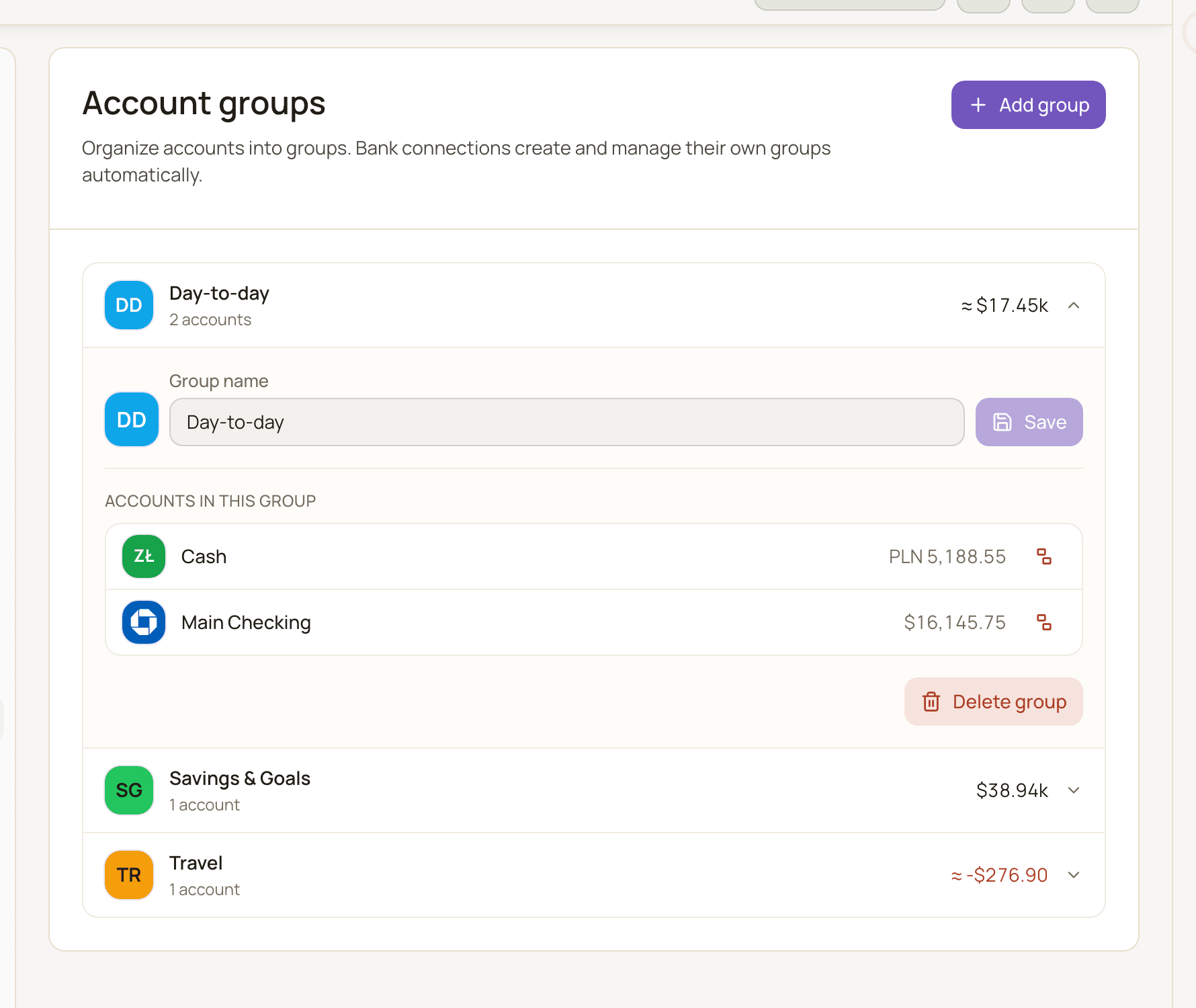 The Account groups settings page listing several groups, with one expanded to show the Group name field, the accounts in the group and the Delete group button.
