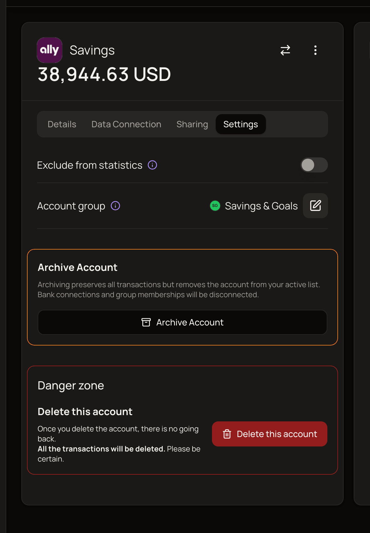 The Settings tab of an account, showing the Exclude from statistics switch, the Account group row, the Archive Account box and the Danger zone box.