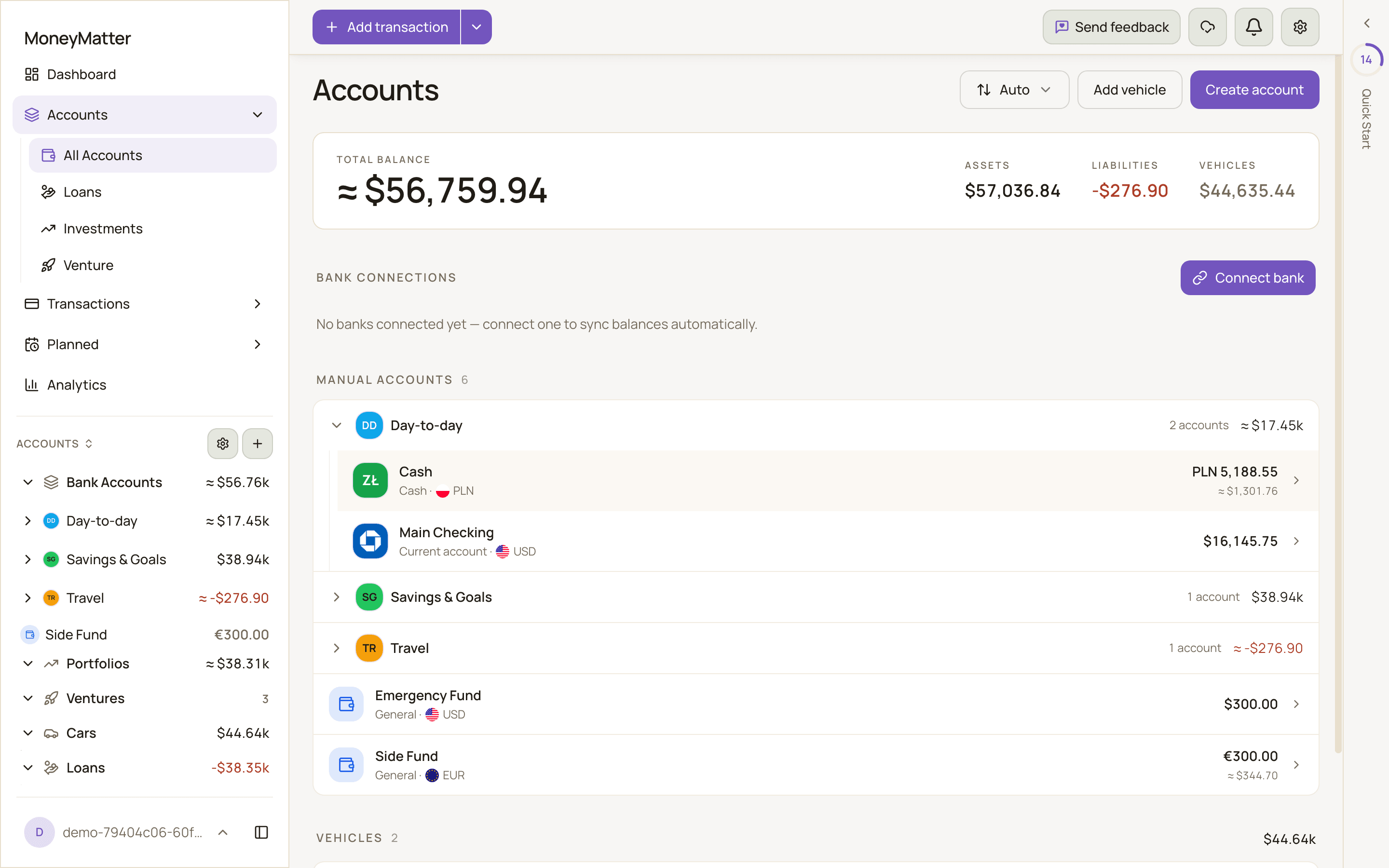 The Accounts page with the Total balance, Assets, Liabilities and Vehicles overview, the empty Bank connections section, a Manual accounts section with one expanded group showing its two accounts plus two ungrouped accounts, and a Vehicles section.