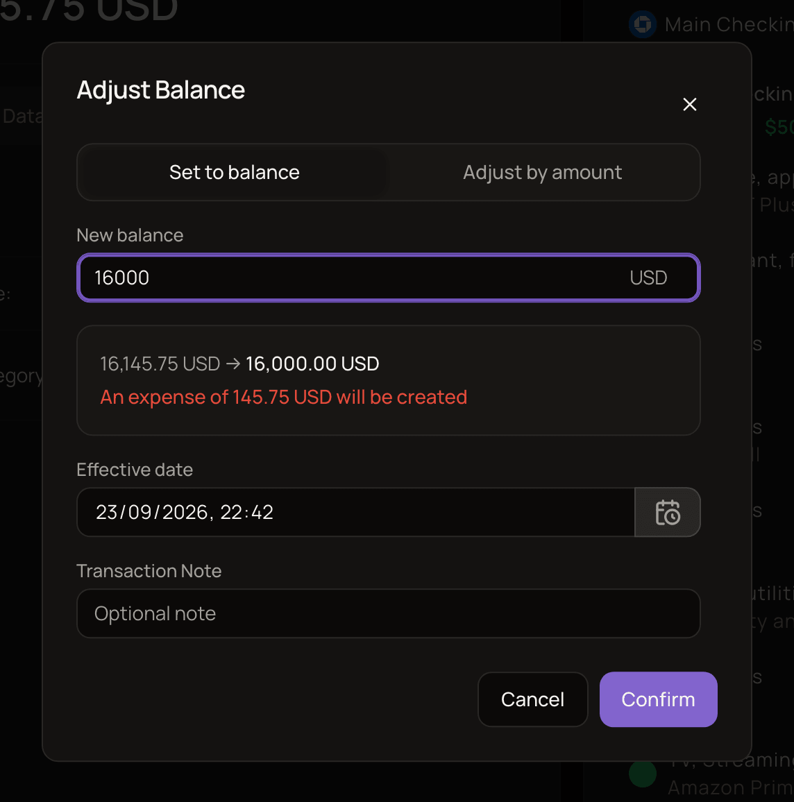 The Adjust Balance dialog in Set to balance mode, with a new balance entered and a preview saying an expense will be created.