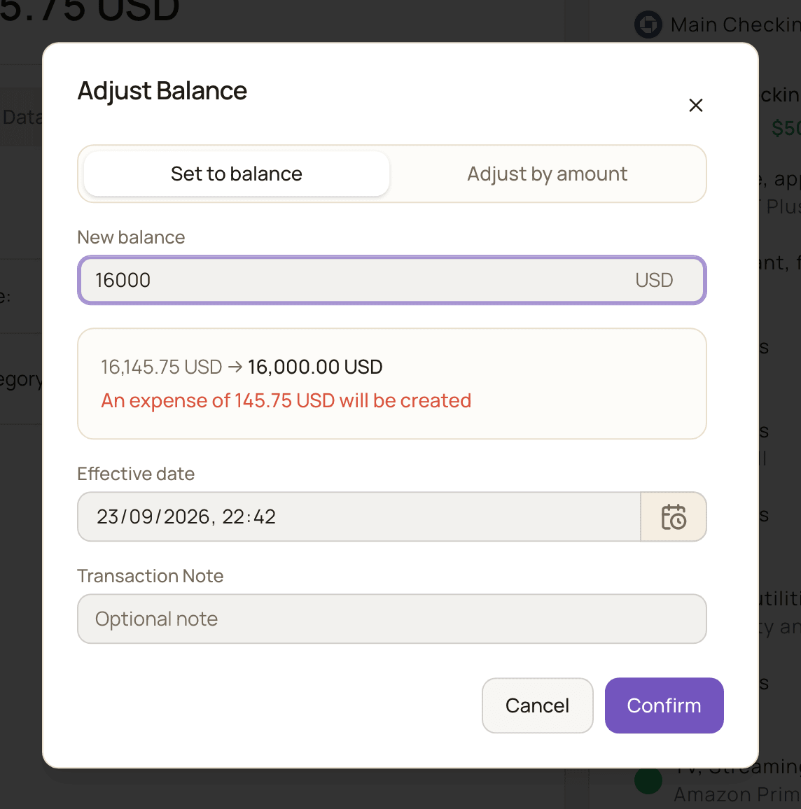 The Adjust Balance dialog in Set to balance mode, with a new balance entered and a preview saying an expense will be created.