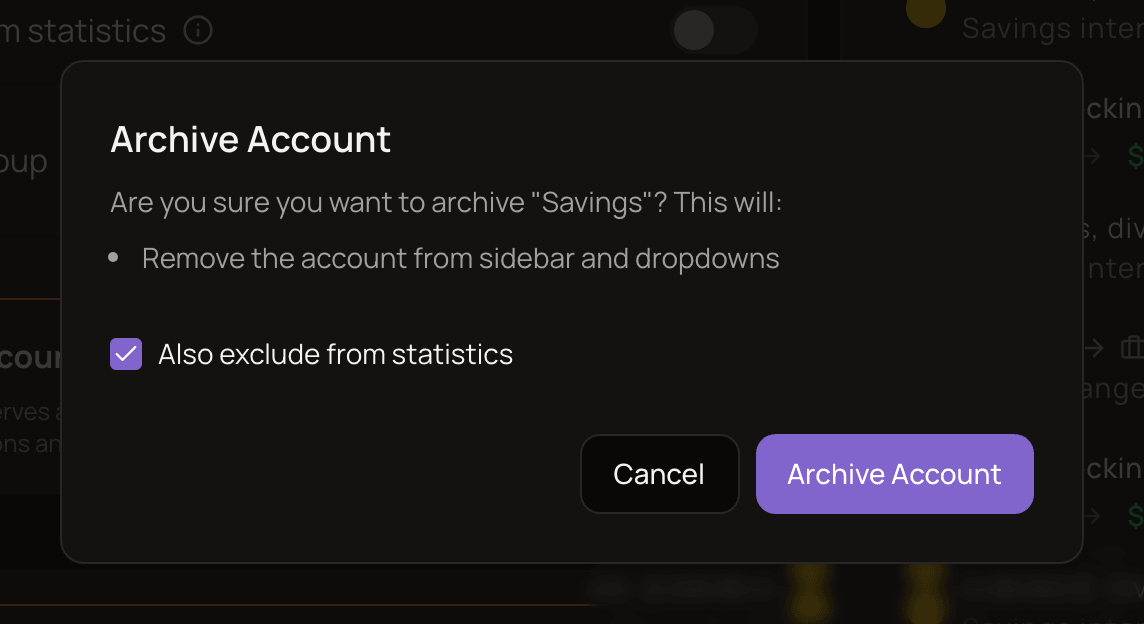 The Archive Account confirmation listing what archiving does, with the Also exclude from statistics checkbox ticked.