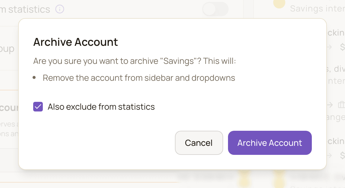 The Archive Account confirmation listing what archiving does, with the Also exclude from statistics checkbox ticked.