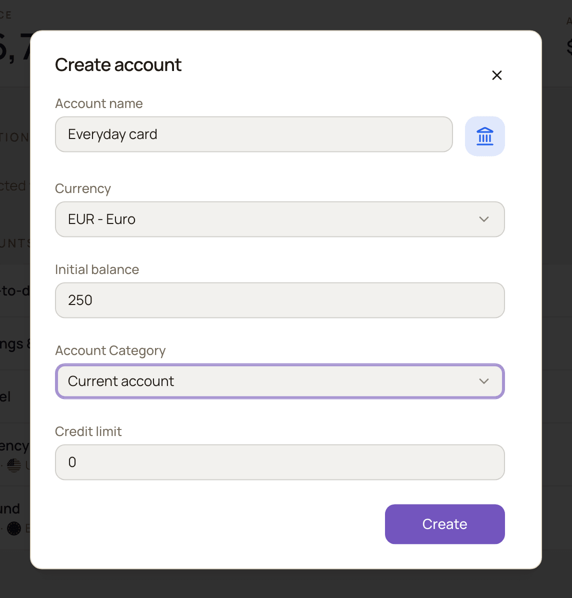 The Create account dialog with the Account name, Currency, Initial balance, Account Category and Credit limit fields filled in.