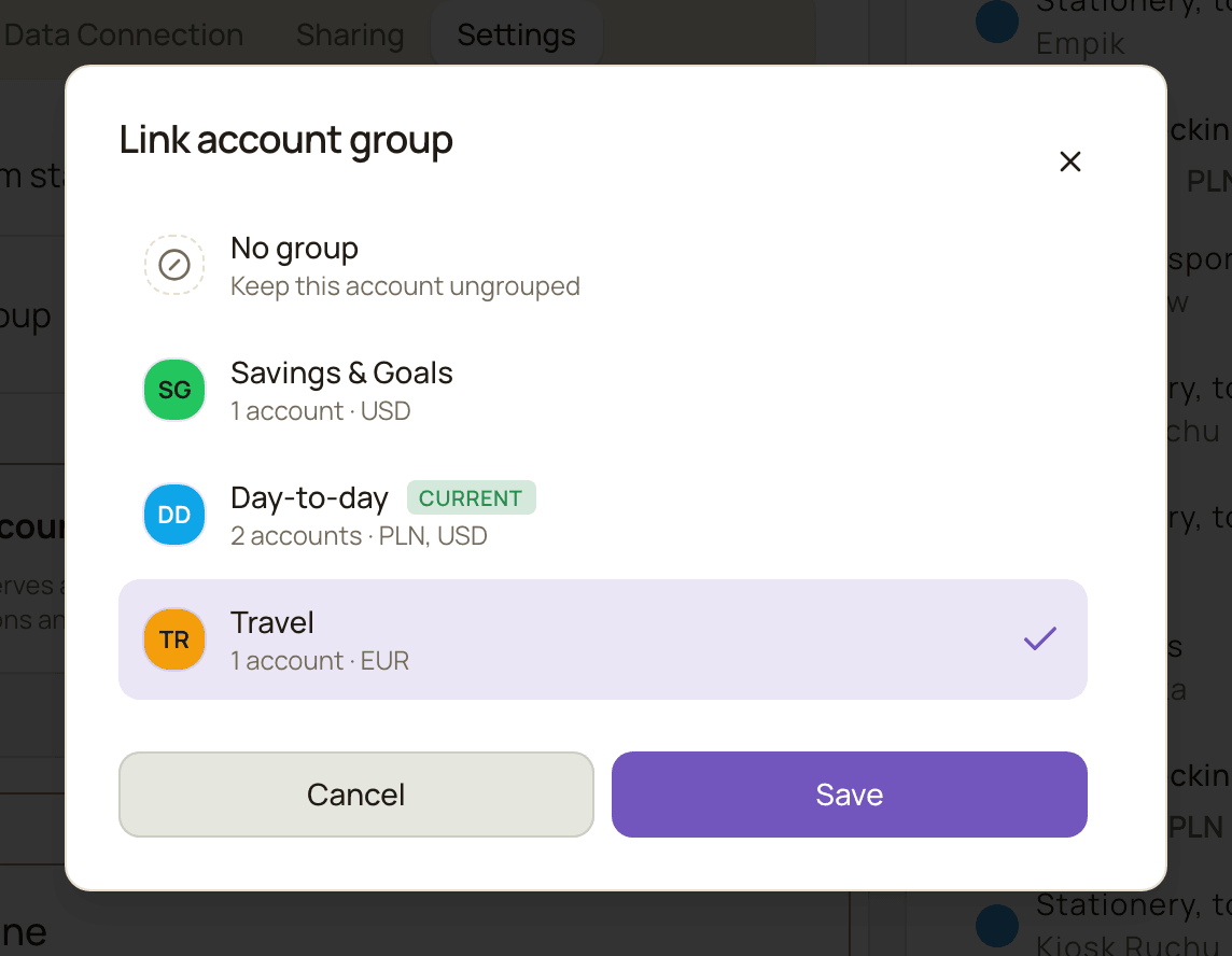 The Link account group dialog listing No group and two groups, one marked Current and another selected, with Cancel and Save buttons.