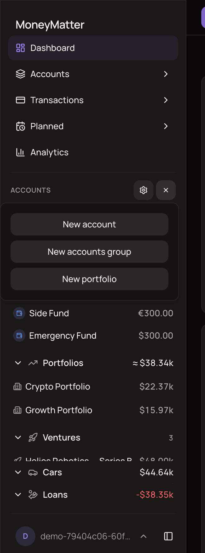 The Accounts panel in the sidebar with the + menu open, showing New account, New accounts group and New portfolio options, with two ungrouped accounts visible below.