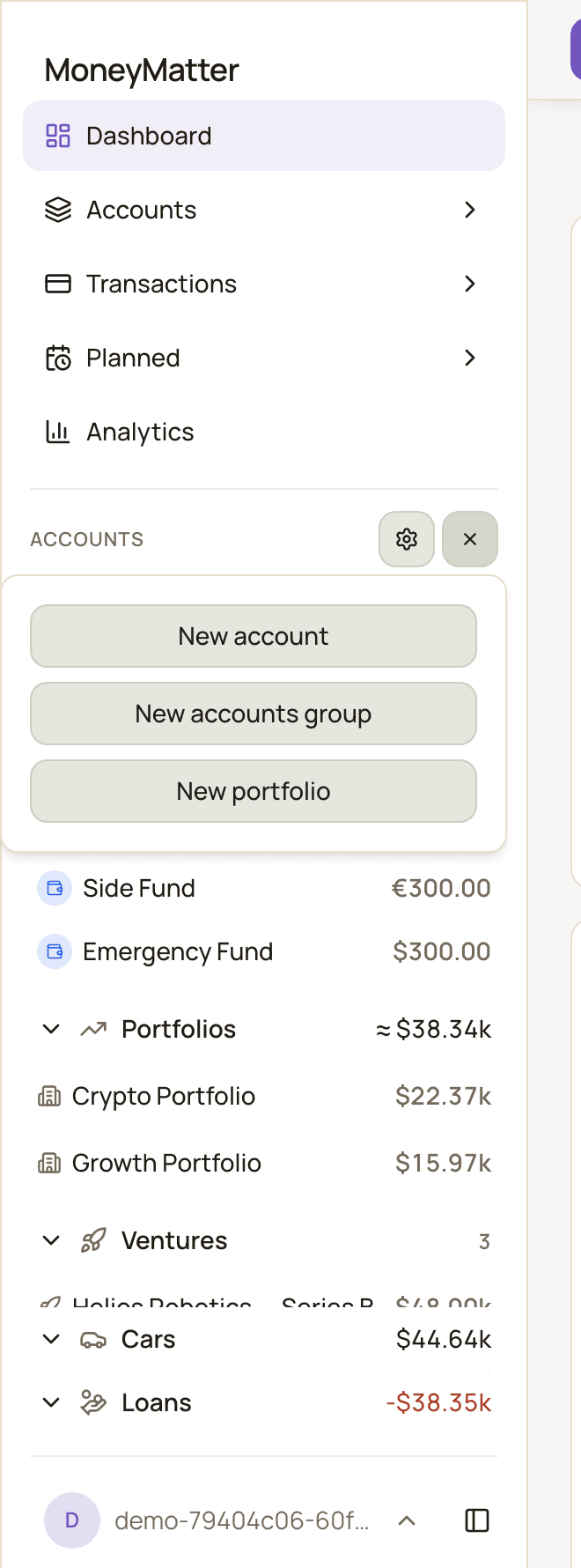 The Accounts panel in the sidebar with the + menu open, showing New account, New accounts group and New portfolio options, with two ungrouped accounts visible below.