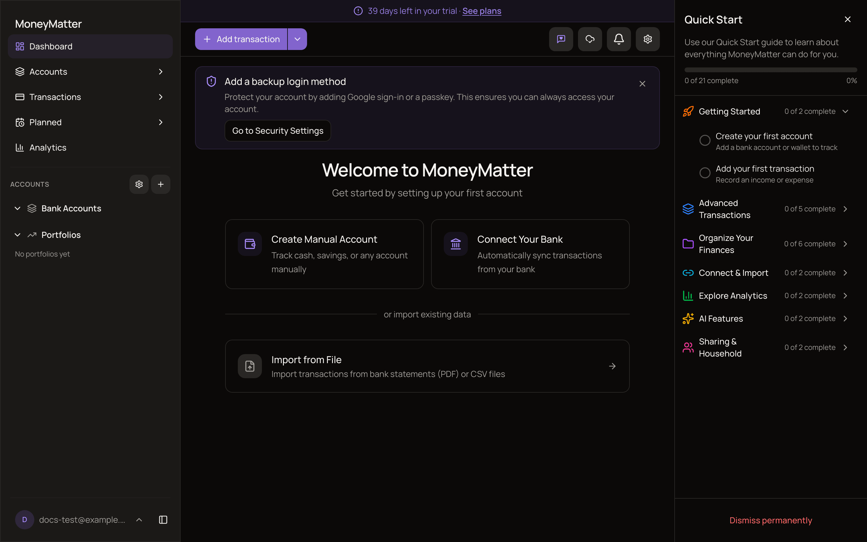 A new, empty dashboard showing the Welcome to MoneyMatter card with three options and the Quick Start checklist open on the right.