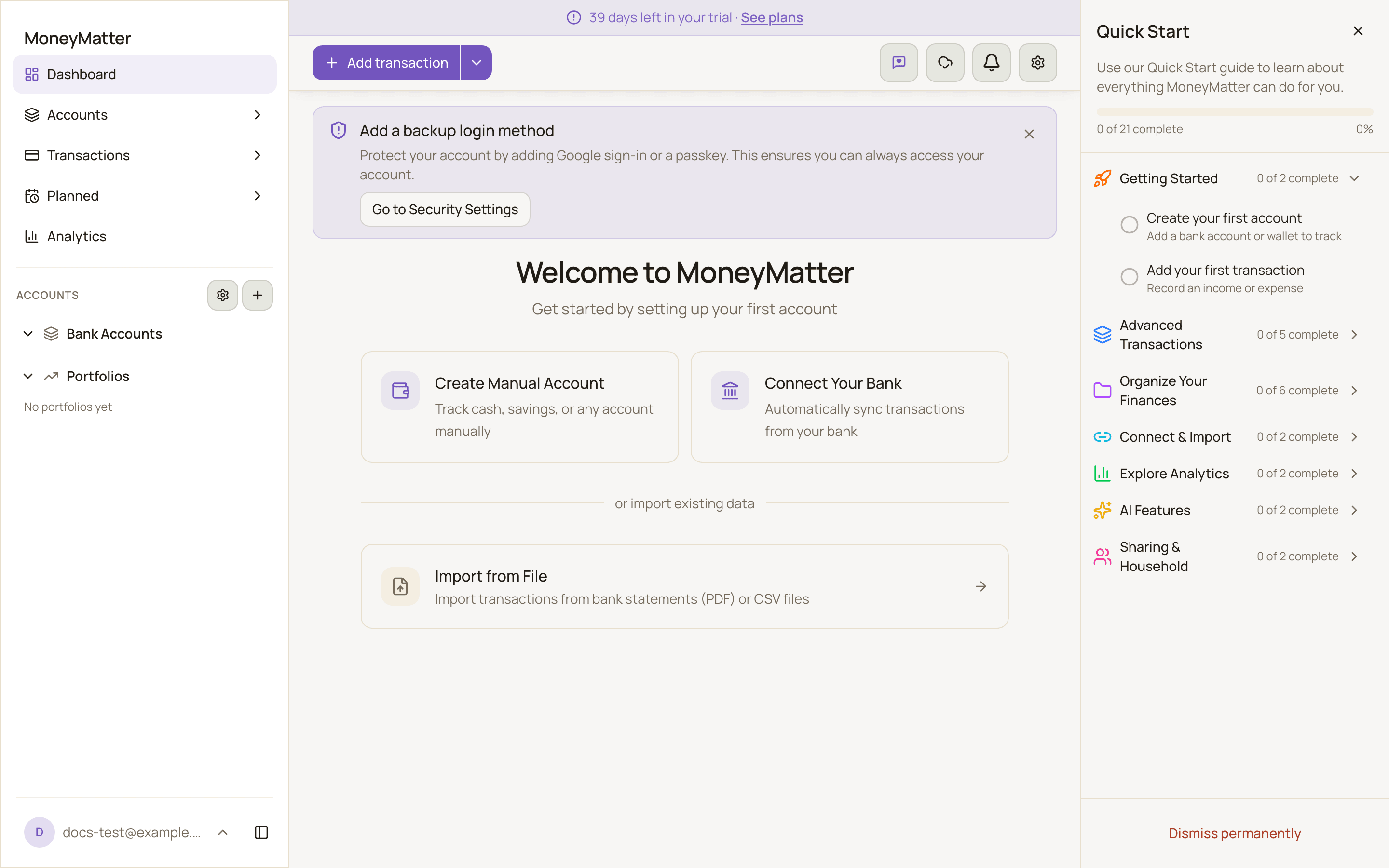 A new, empty dashboard showing the Welcome to MoneyMatter card with three options and the Quick Start checklist open on the right.