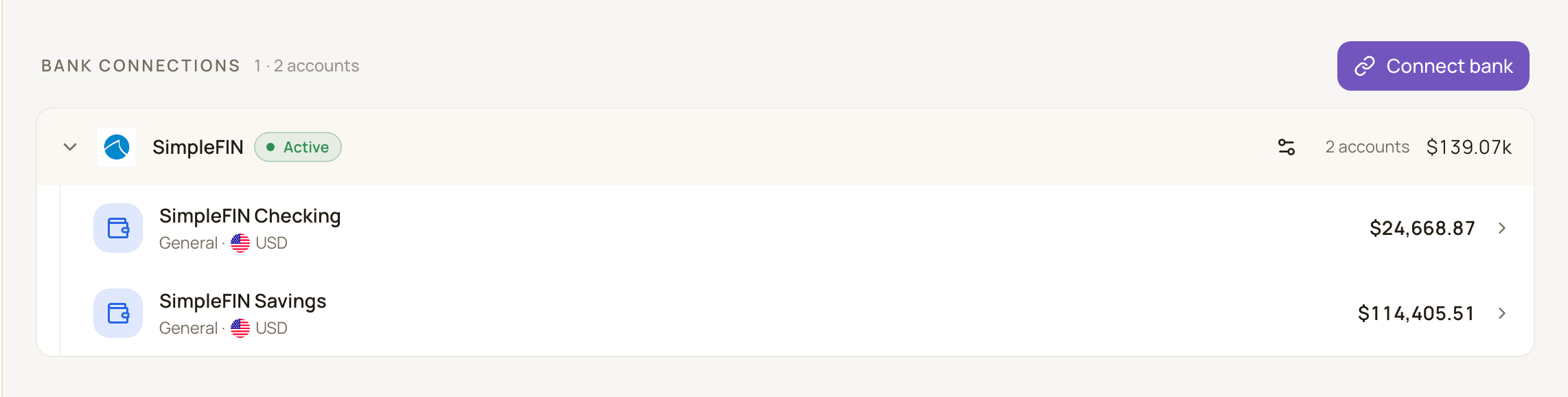 The Bank connections section of the Accounts page with one connection expanded, showing its status badge, account count, total and connected accounts.