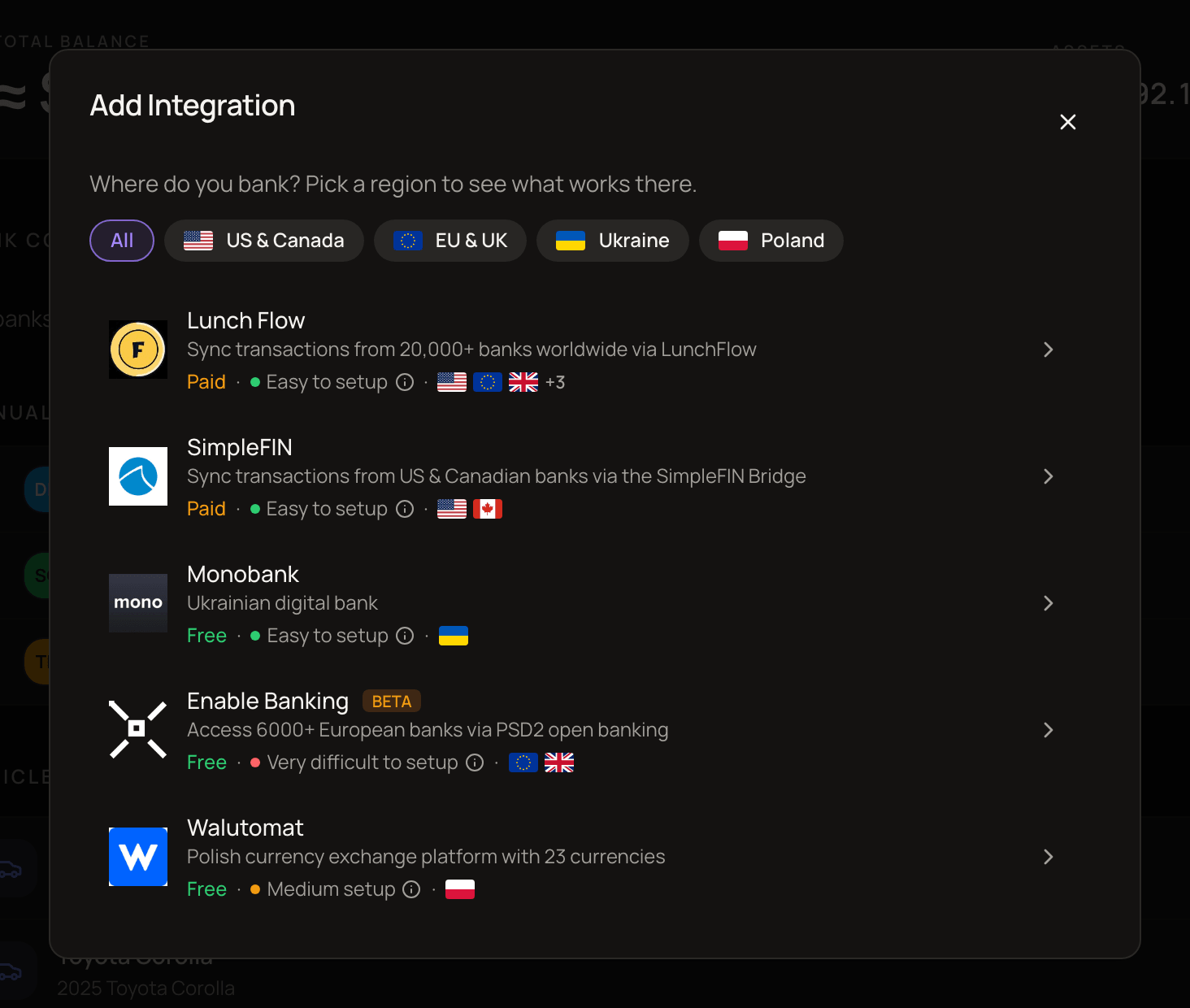 The Add Integration dialog with region filters at the top and the list of providers: Lunch Flow, SimpleFIN, Monobank, Enable Banking and Walutomat.