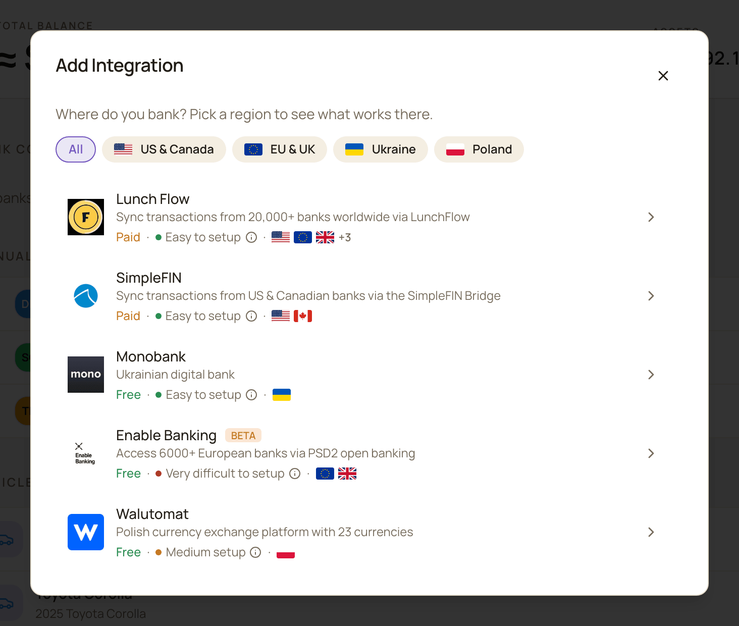 The Add Integration dialog with region filters at the top and the list of providers: Lunch Flow, SimpleFIN, Monobank, Enable Banking and Walutomat.