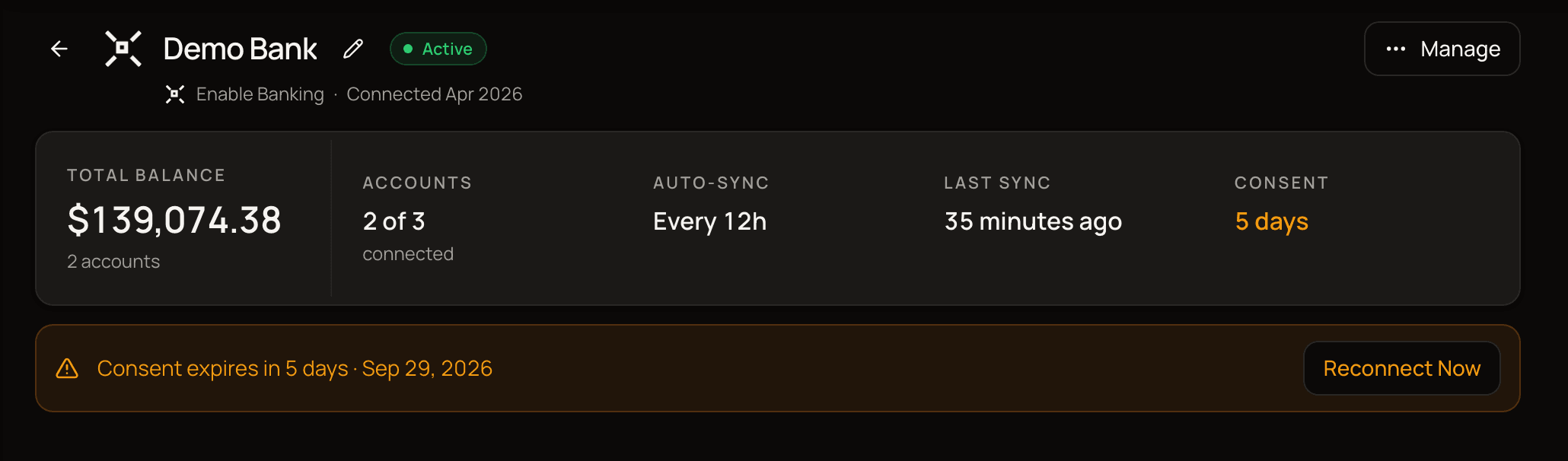 An Enable Banking connection's page with a warning strip saying consent expires in a few days, and the Reconnect Now button.