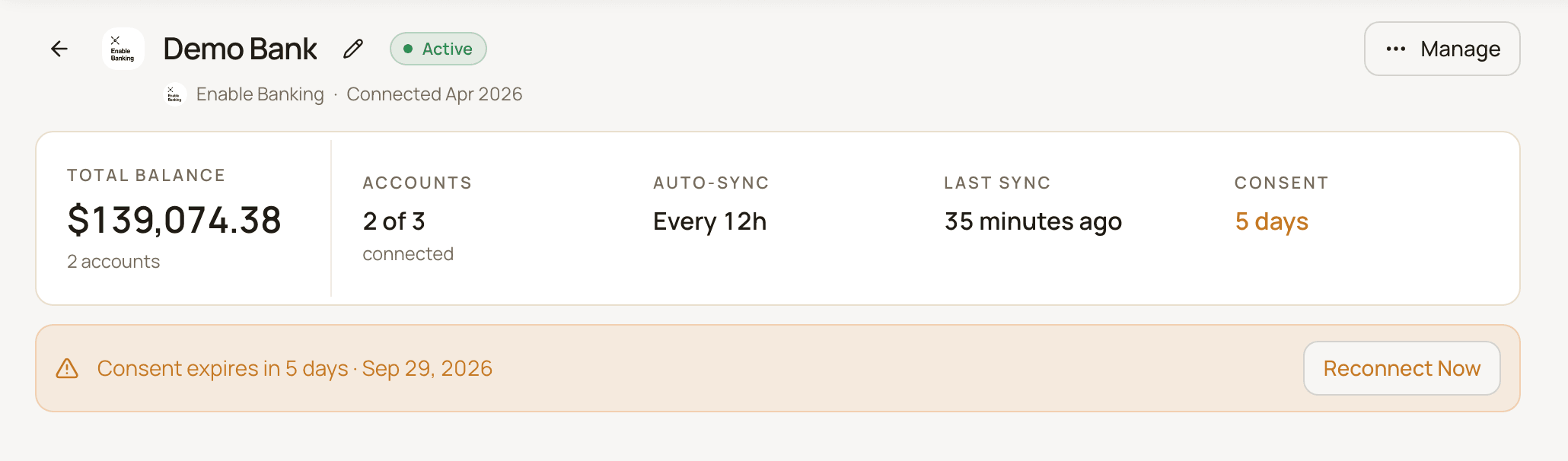 An Enable Banking connection's page with a warning strip saying consent expires in a few days, and the Reconnect Now button.