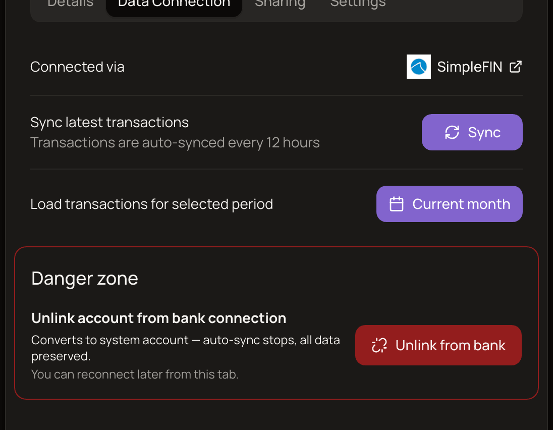 The Data Connection tab of a bank-connected account, showing Sync latest transactions with its Sync button, Load transactions for selected period with its Current month button, and the Danger zone.