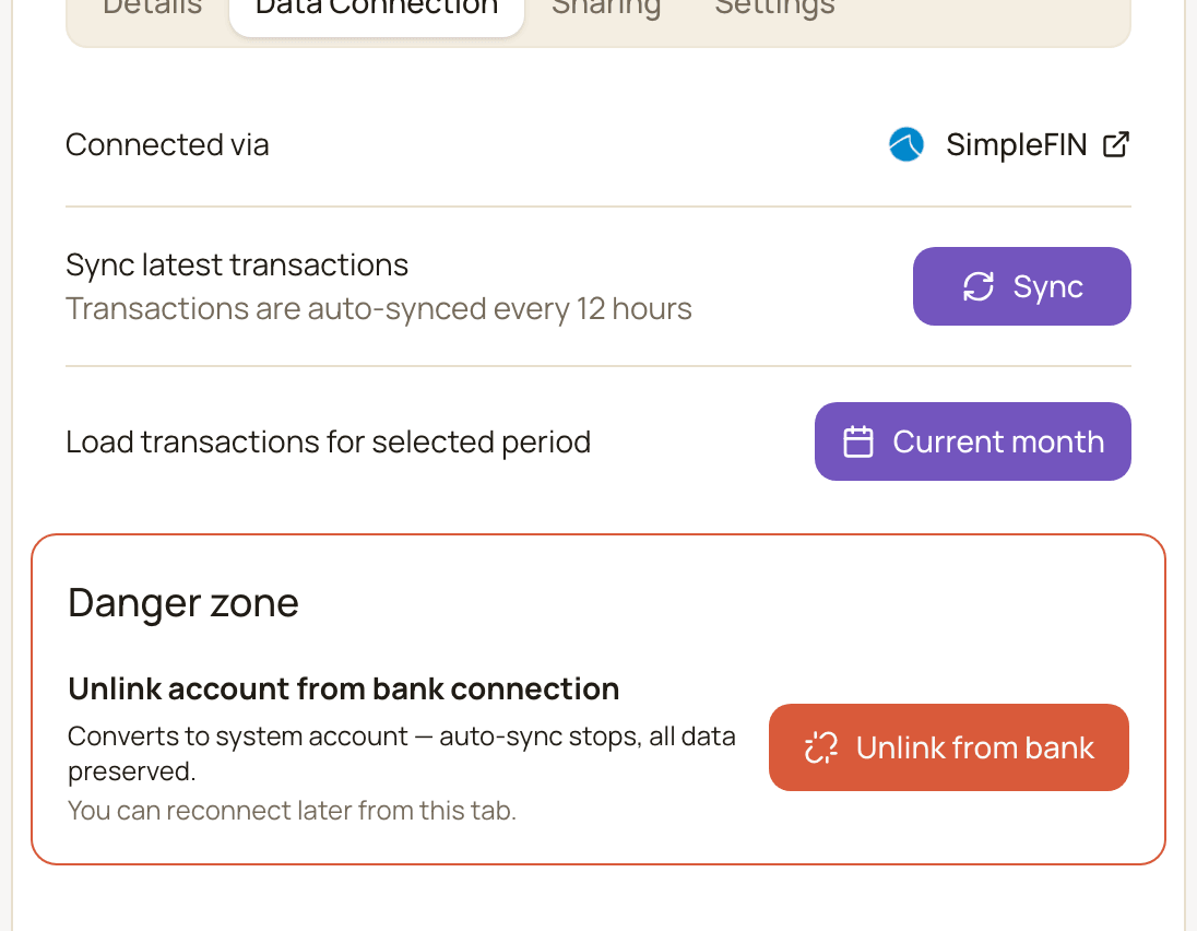 The Data Connection tab of a bank-connected account, showing Sync latest transactions with its Sync button, Load transactions for selected period with its Current month button, and the Danger zone.