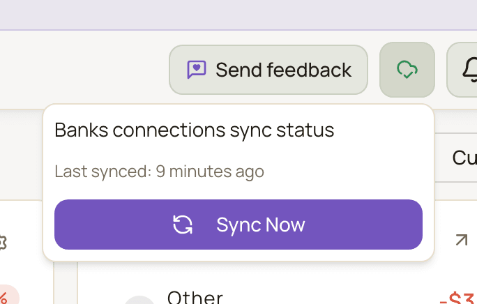 The Banks connections sync status popover opened from the header, showing when the accounts last synced and the Sync Now button.