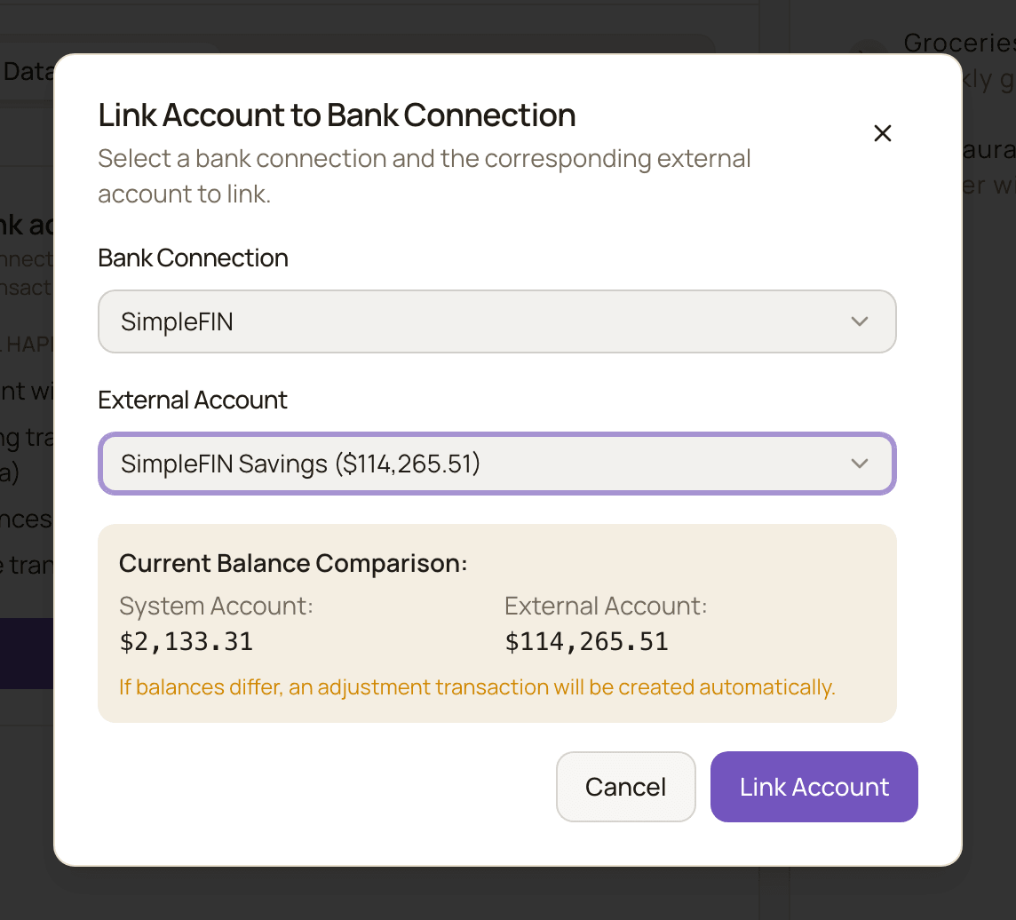 The Link Account to Bank Connection dialog with a bank connection and an external account selected, showing the current balance of both accounts.