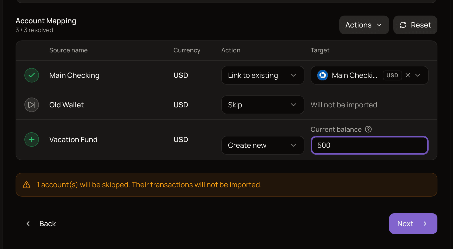 The Accounts step with three accounts from the CSV: one linked to an existing account, one set to Create new with a current balance entered, and one skipped, with the skipped-accounts warning.