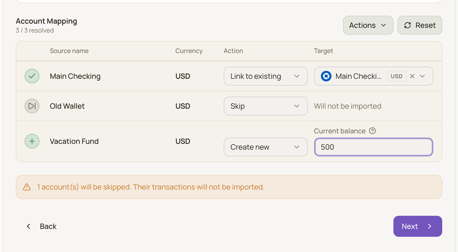 The Accounts step with three accounts from the CSV: one linked to an existing account, one set to Create new with a current balance entered, and one skipped, with the skipped-accounts warning.