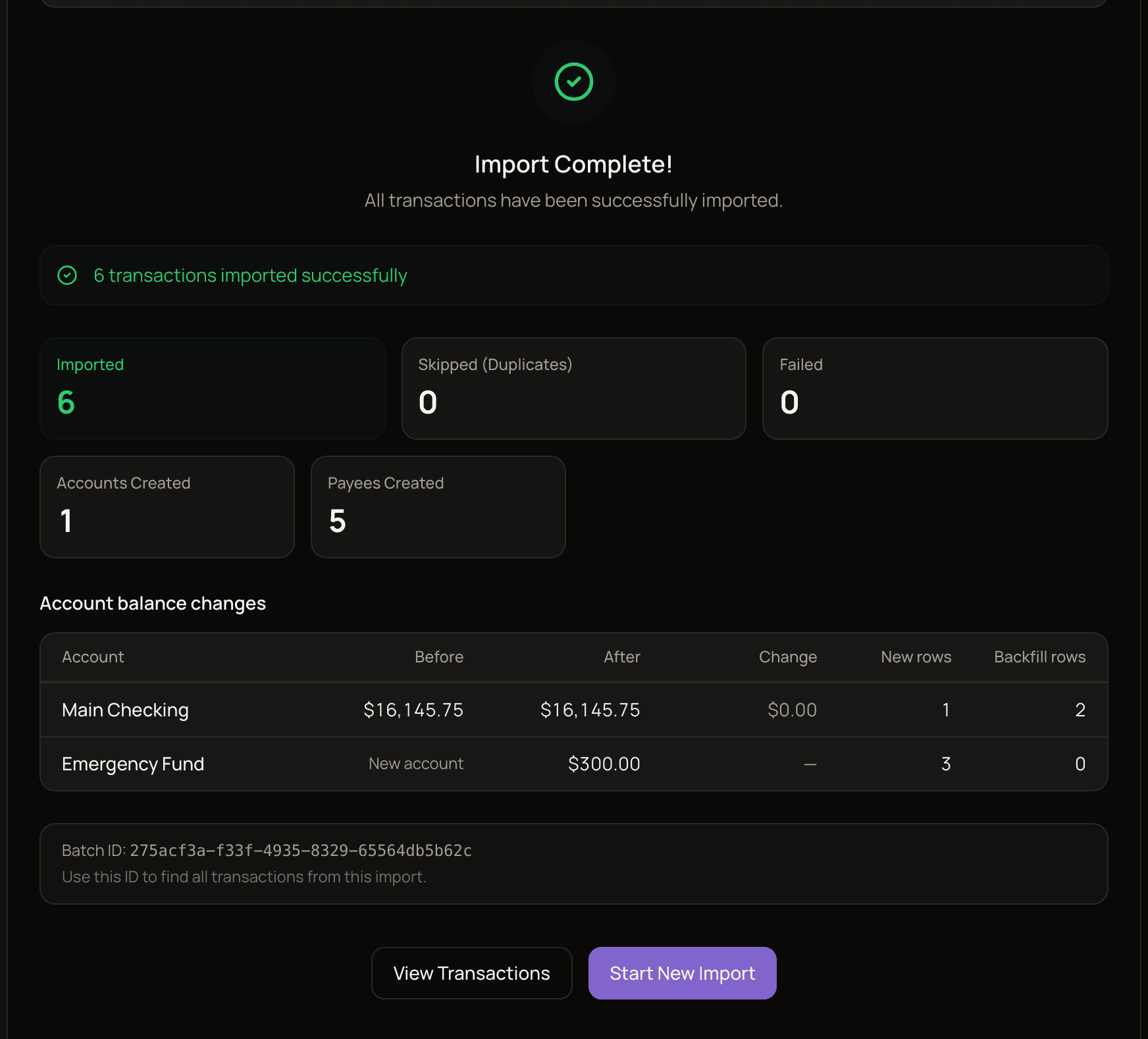 The Done step of a CSV import showing the Import Complete title, stat cards and the Account balance changes table.
