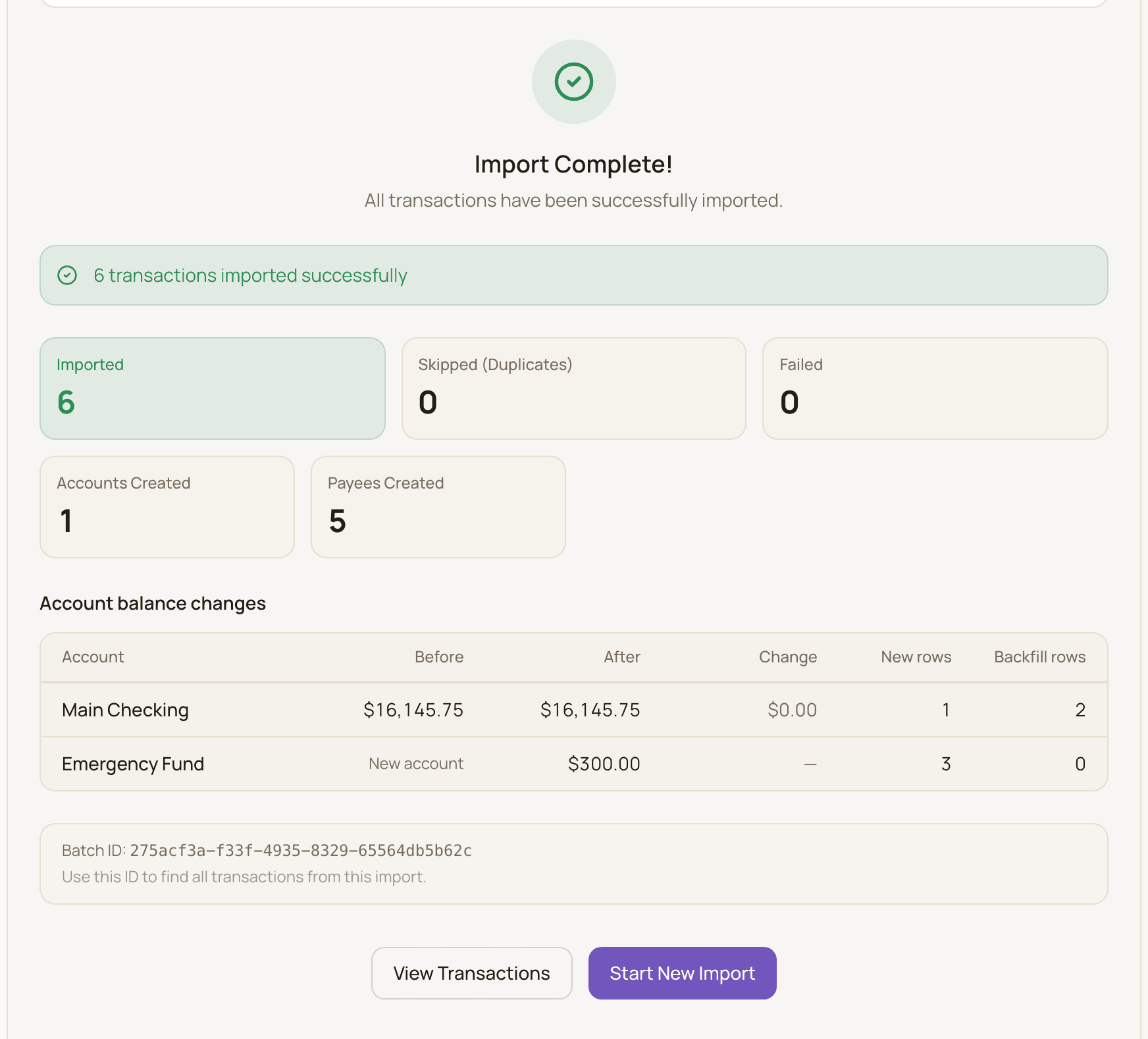 The Done step of a CSV import showing the Import Complete title, stat cards and the Account balance changes table.