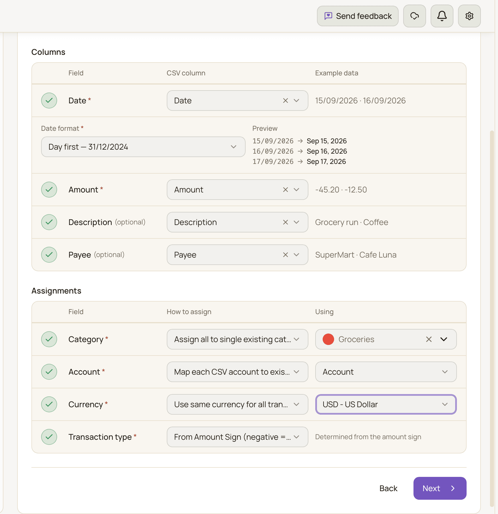 The Map Columns step with Date and Amount mapped, the Date format block open showing a Suggested badge and a preview, and the Assignments table filled in.