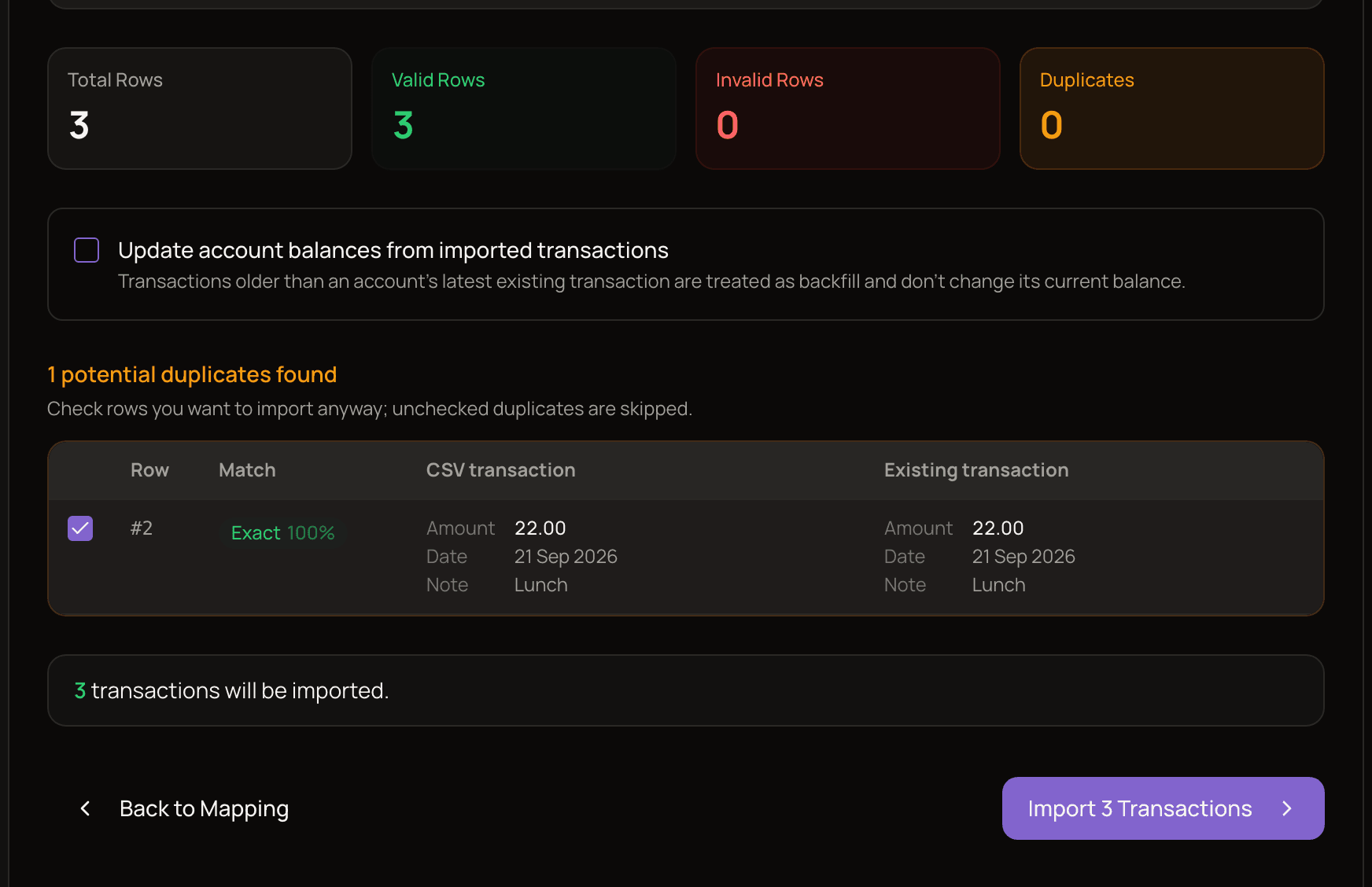 The Review step showing the Total, Valid, Invalid and Duplicates cards, the Update account balances checkbox, and a list of potential duplicates with one row ticked to import anyway.