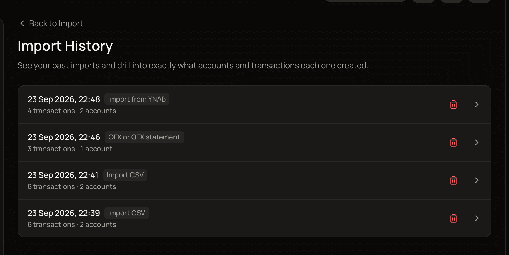 The Import History page listing past imports from different sources, each with its date, source, transaction count and account count.