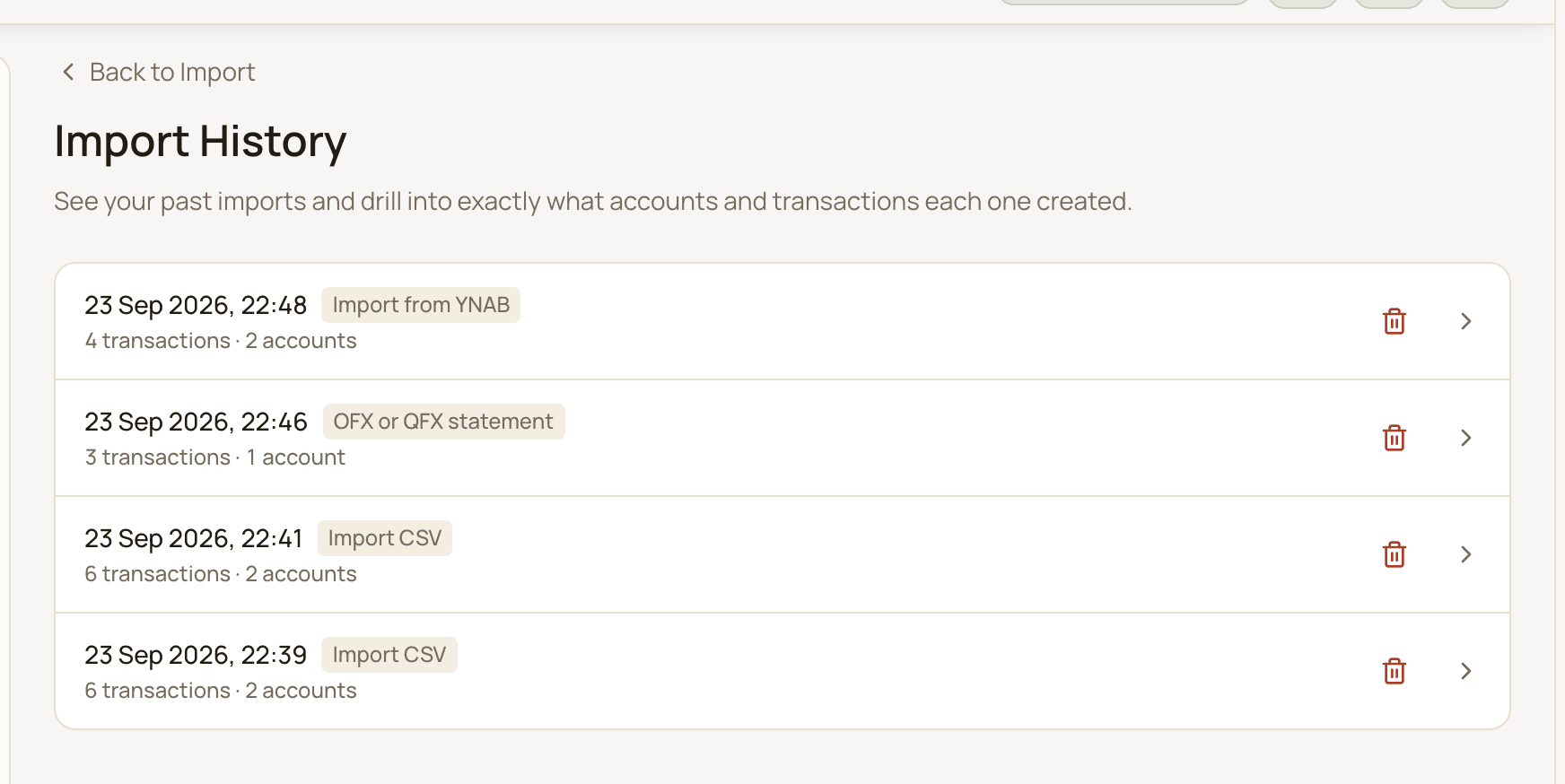 The Import History page listing past imports from different sources, each with its date, source, transaction count and account count.