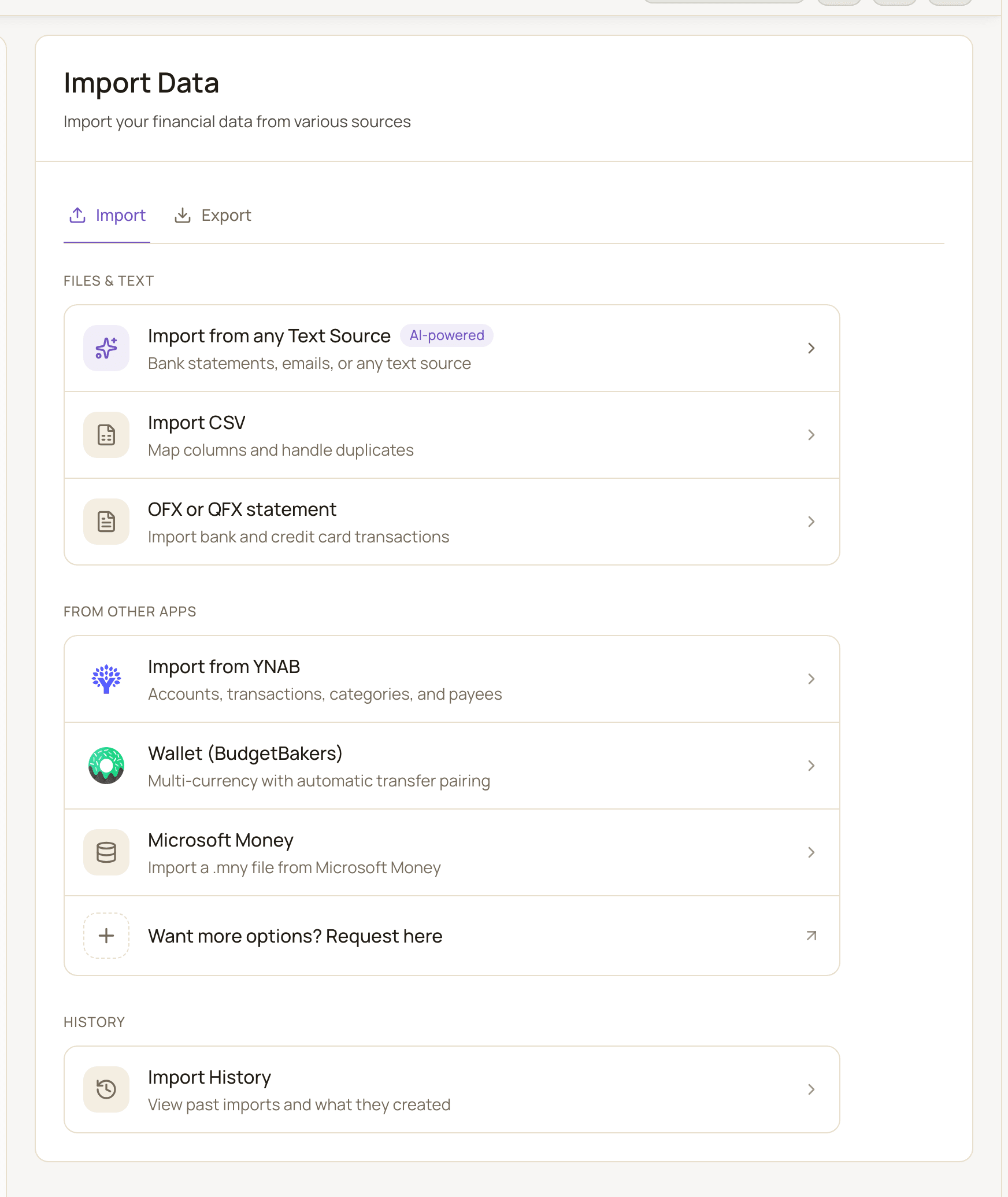 The Import Data page with the Import tab selected, showing the Files & text, From other apps and History groups.