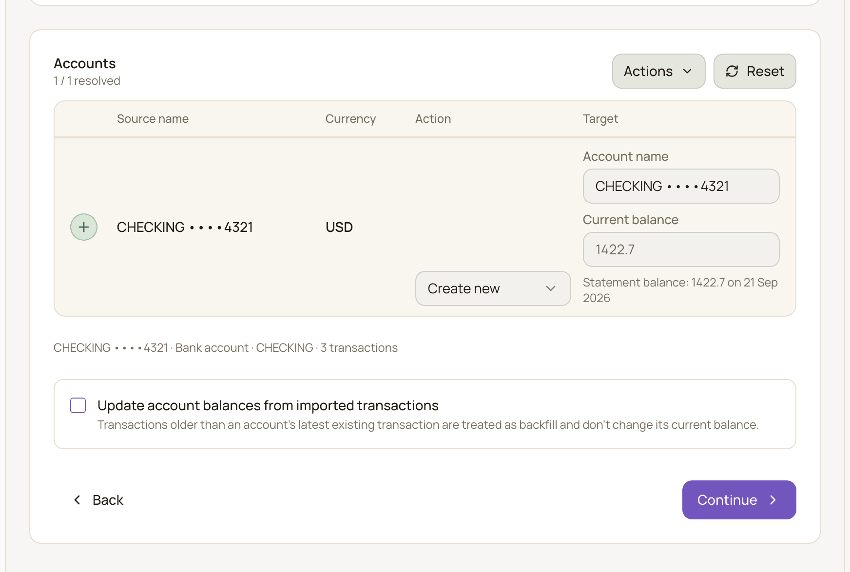 The Map accounts step of the OFX importer, showing an account from the file with its type, transaction count, statement balance, account name and current balance fields.