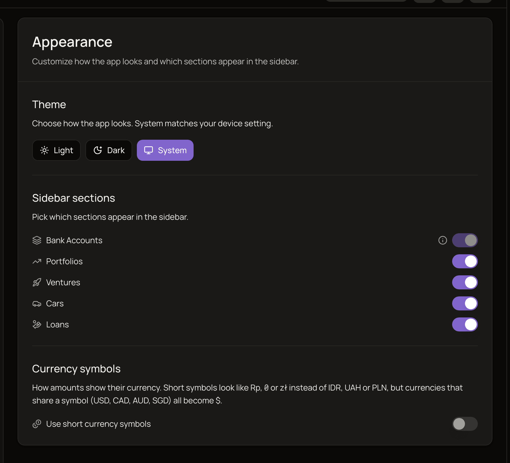 The Appearance settings page with the Theme buttons, the Sidebar sections switches and the Currency symbols switch.
