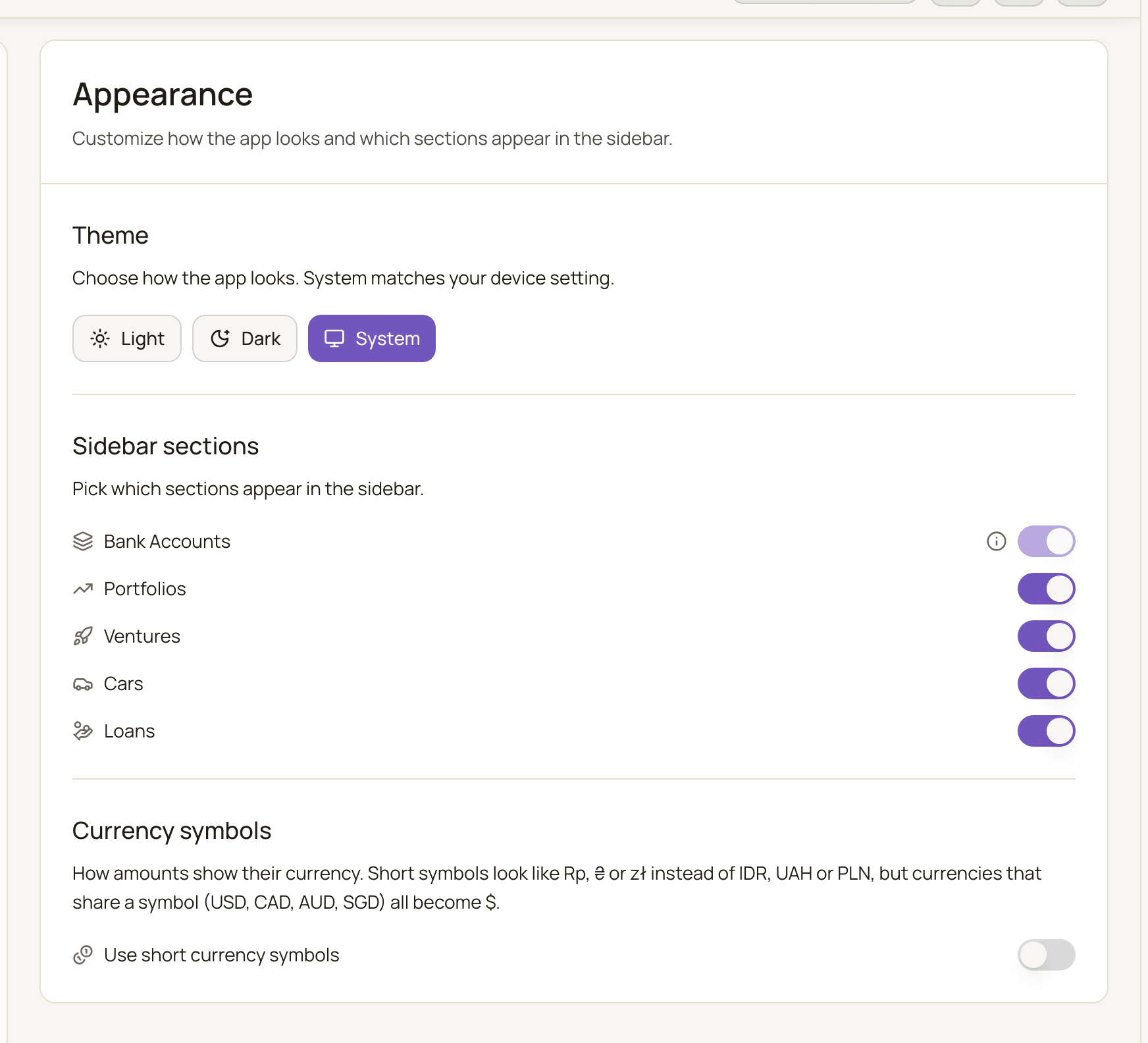 The Appearance settings page with the Theme buttons, the Sidebar sections switches and the Currency symbols switch.