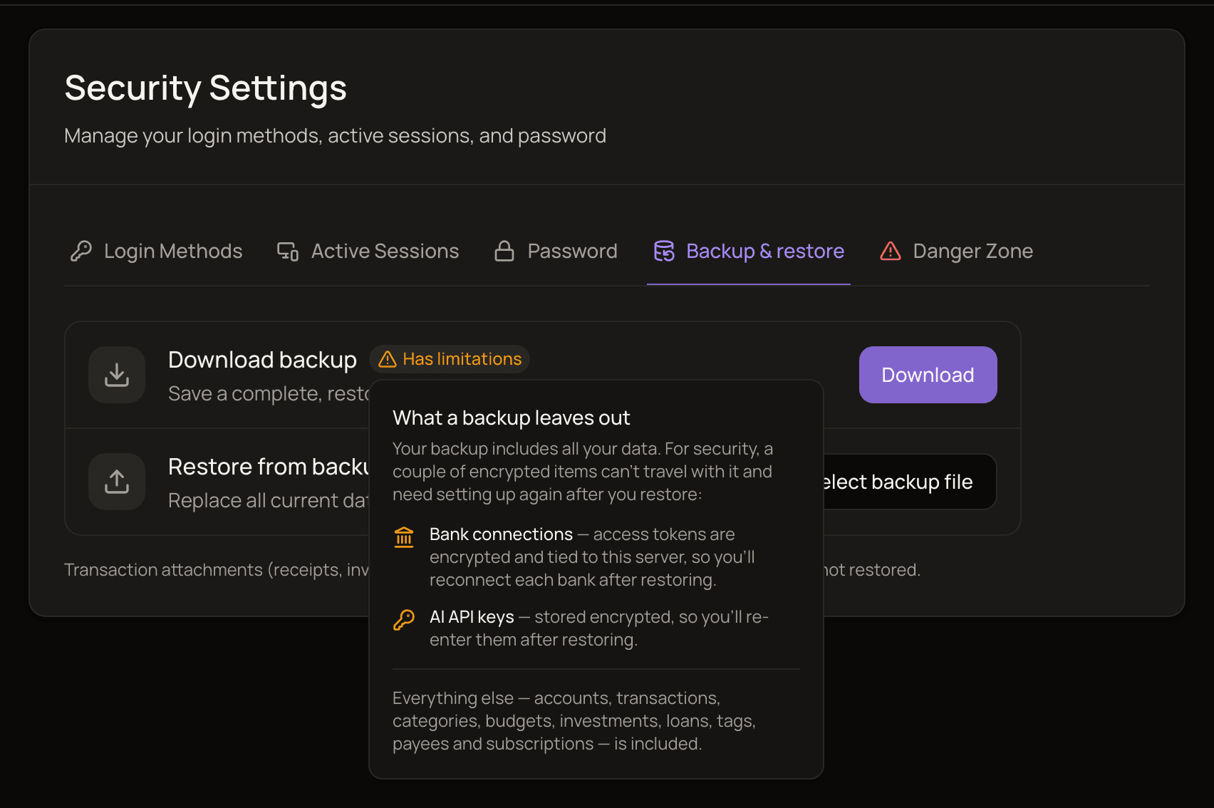 The Backup & restore tab with the Download backup and Restore from backup rows, the Has limitations popover open, and the note about attachments.