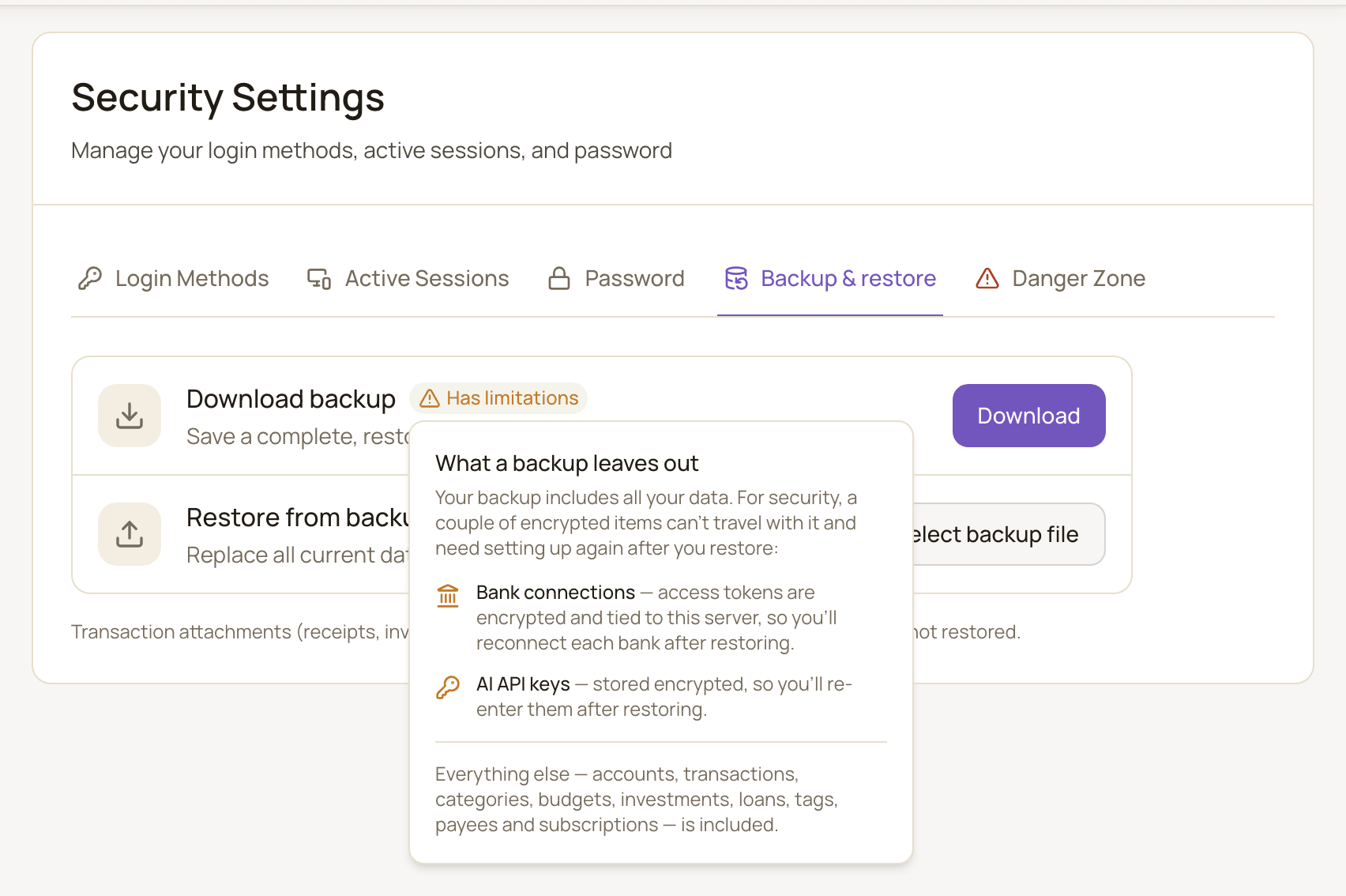 The Backup & restore tab with the Download backup and Restore from backup rows, the Has limitations popover open, and the note about attachments.