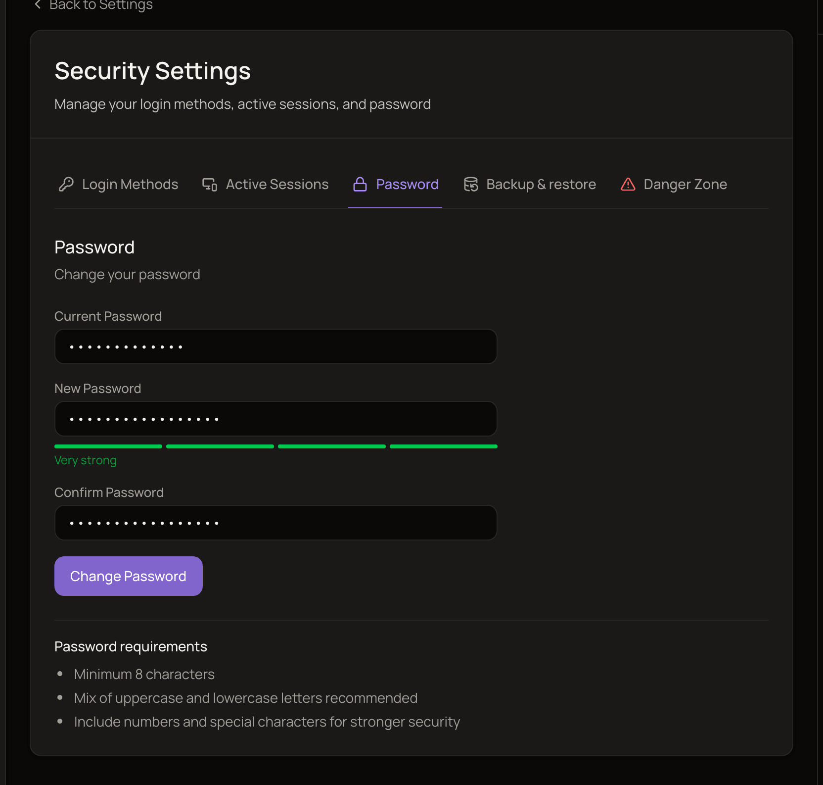The Password tab with the current, new and confirm password fields filled in, the strength meter, and the password requirements box.