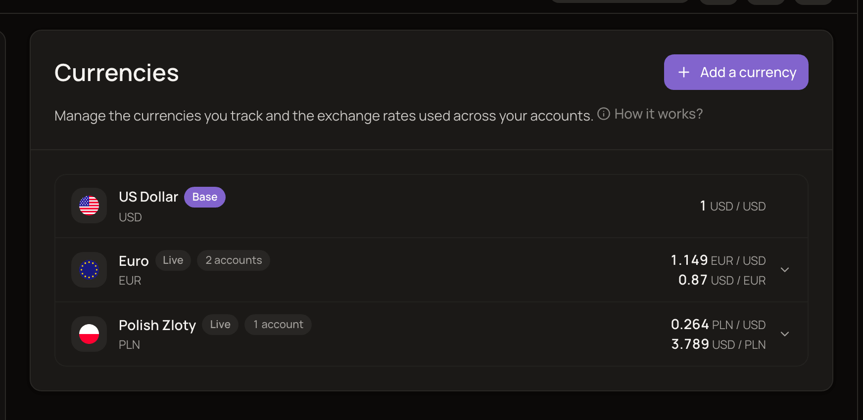 The Currencies settings page with the base currency (USD) pinned first and two other currencies (EUR, PLN) showing their Live rates and account counts.