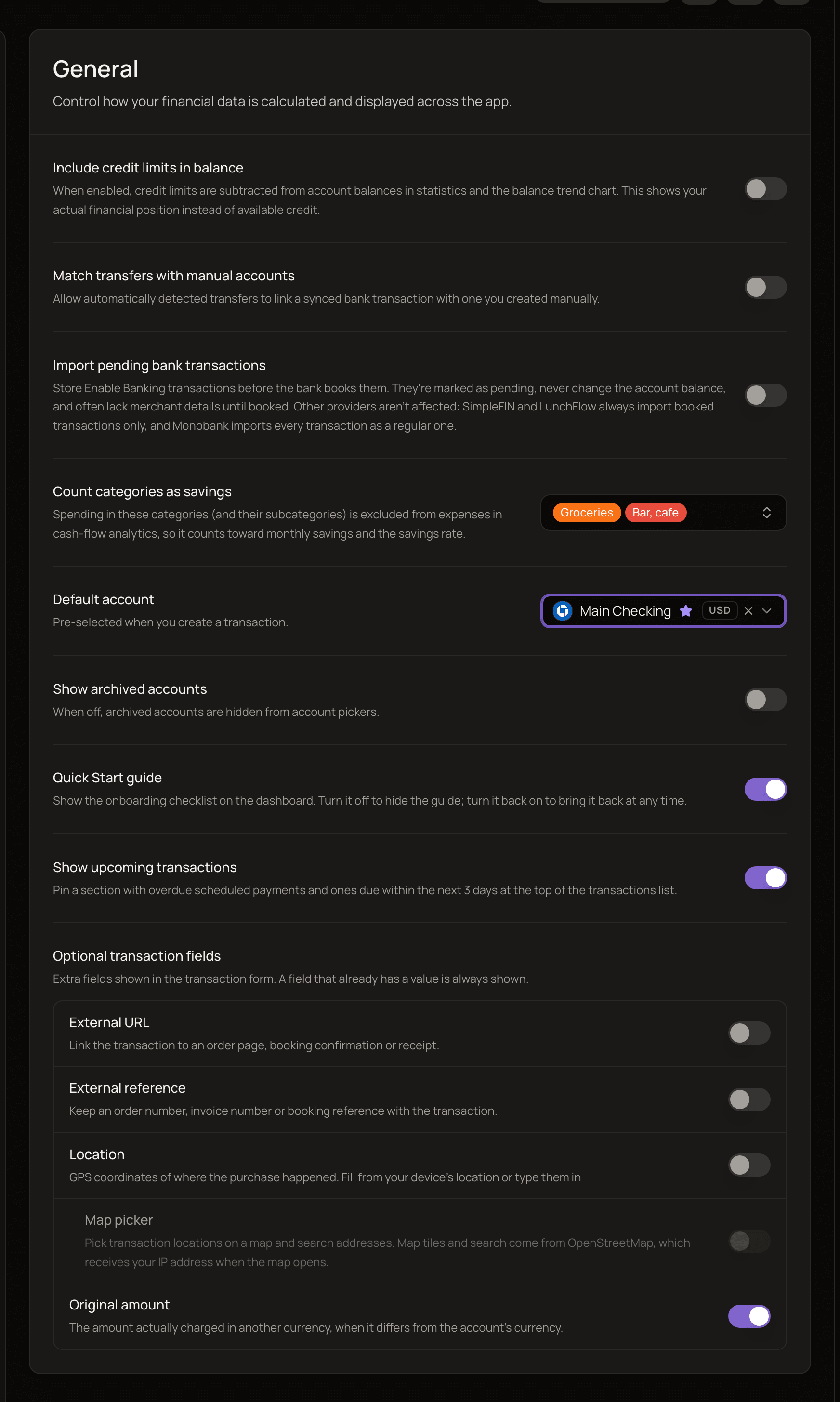 The General settings page with the balance, savings, account picker, Quick Start and optional transaction field options.