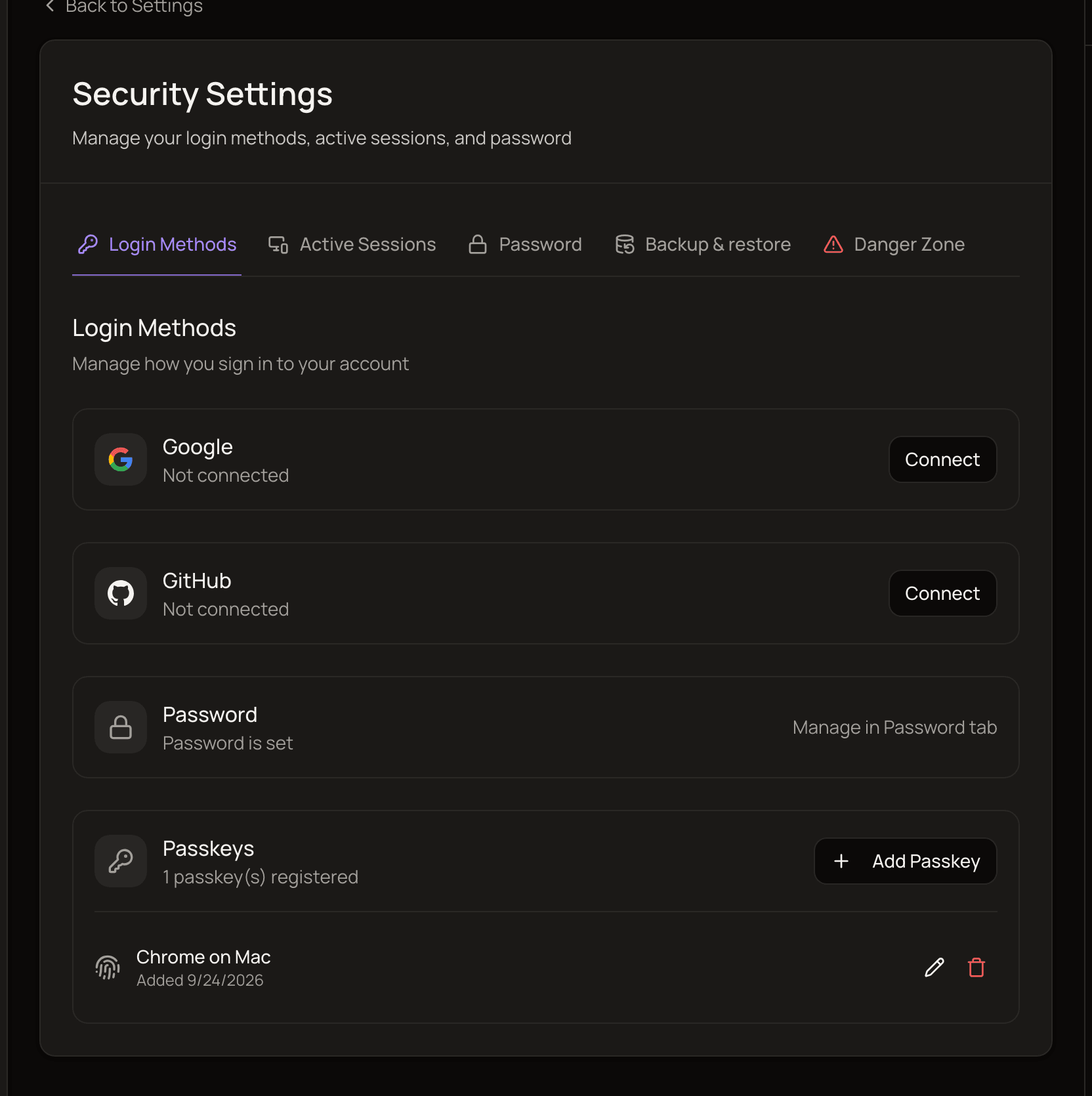 The Login Methods tab showing Google and GitHub with Connect buttons, a password that is set, and one registered passkey.