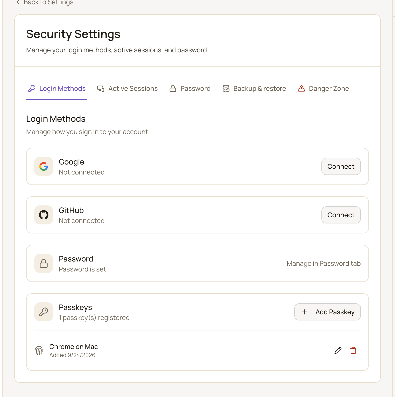 The Login Methods tab showing Google and GitHub with Connect buttons, a password that is set, and one registered passkey.