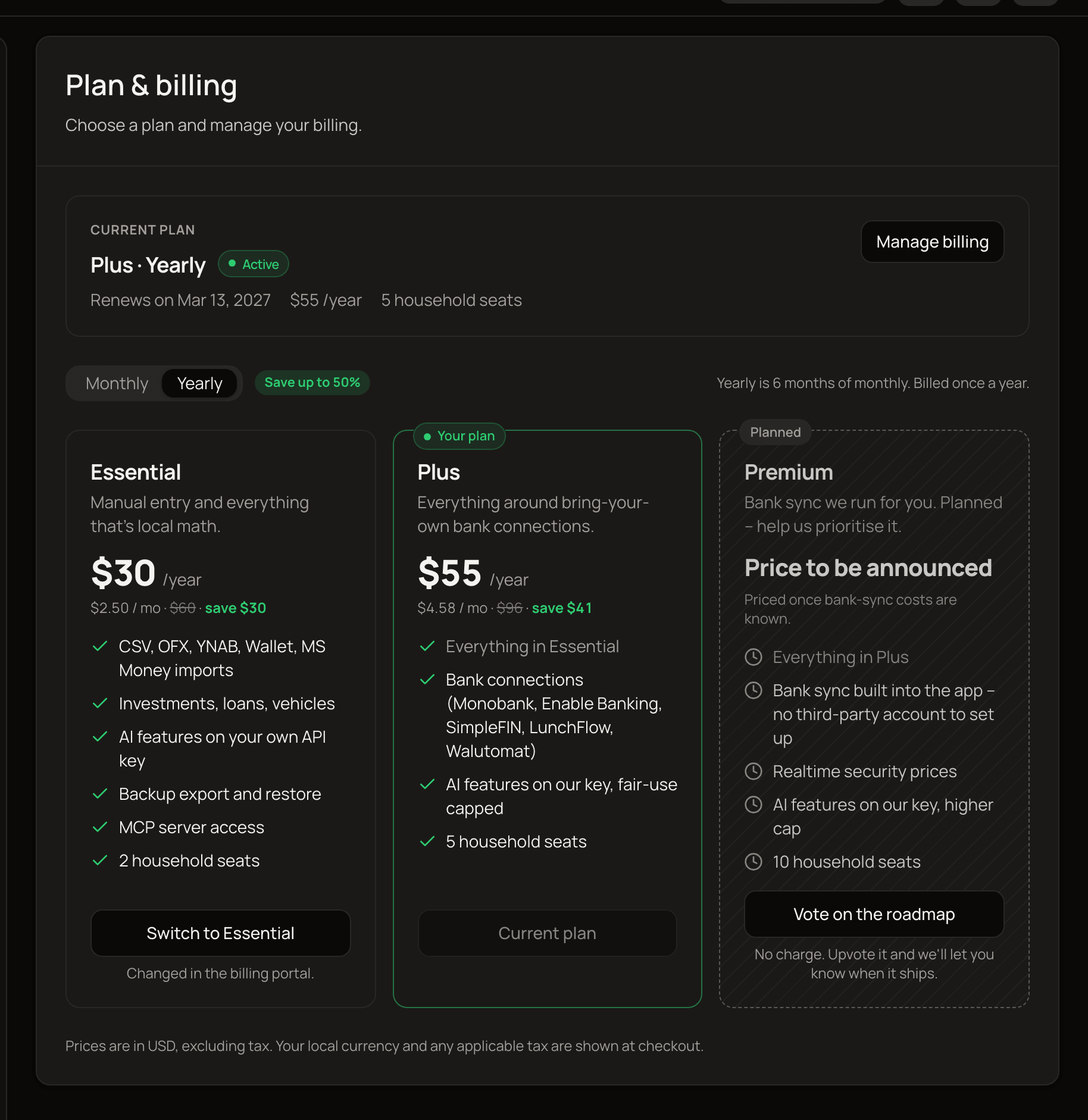 The Current plan box for an active Plus Yearly subscription, with the Manage billing button and the Plus card marked Your plan.