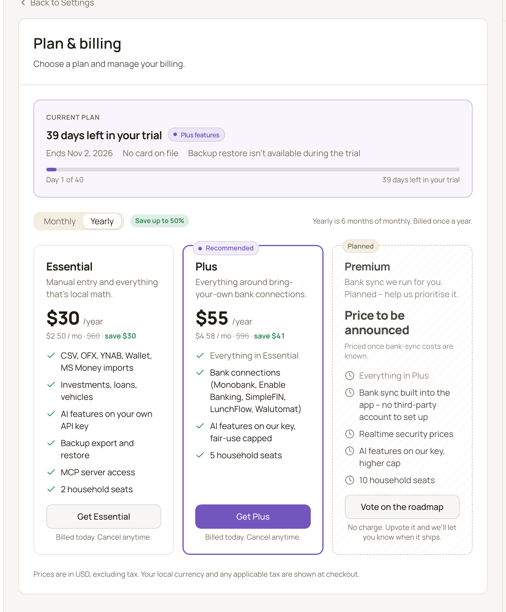 The Plan & billing page during a trial, showing days left, the Monthly and Yearly toggle, and the Essential, Plus and Premium plan cards.
