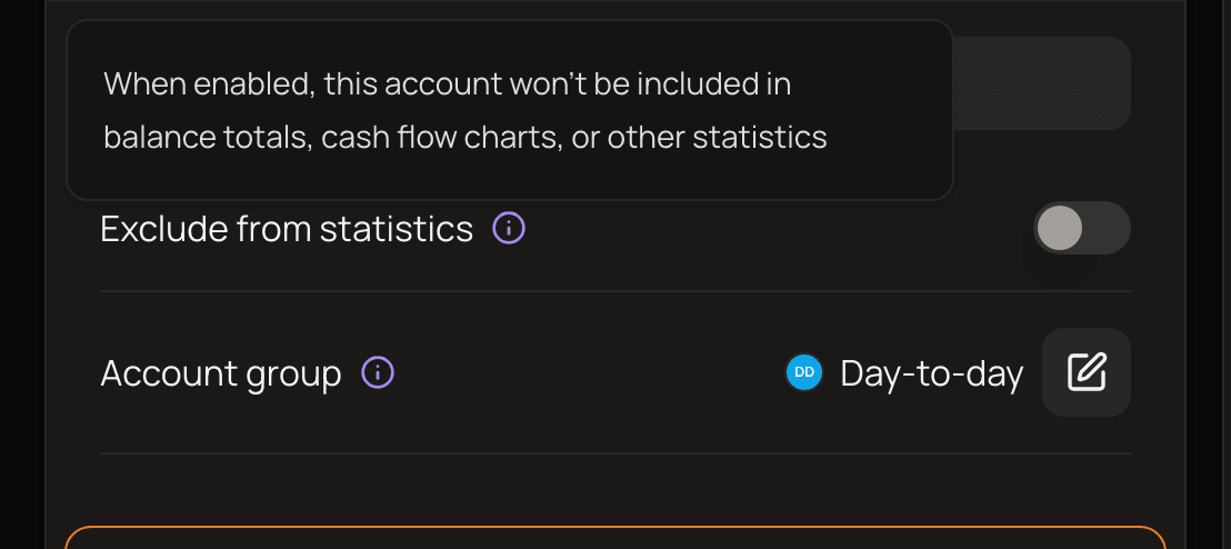The Settings tab of an account page with the Exclude from statistics switch, and its tooltip open explaining that an excluded account won't be included in balance totals, cash flow charts, or other statistics.