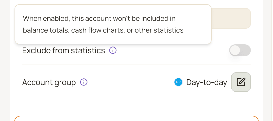 The Settings tab of an account page with the Exclude from statistics switch, and its tooltip open explaining that an excluded account won't be included in balance totals, cash flow charts, or other statistics.