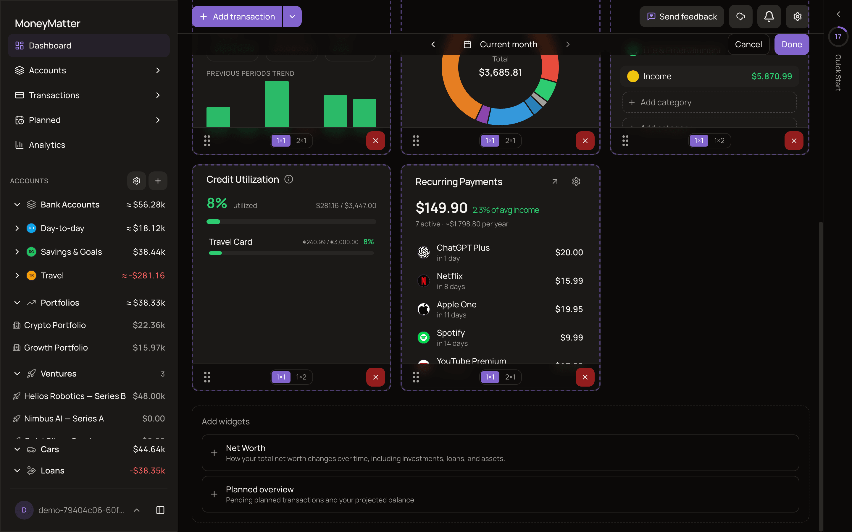 The dashboard in Customize mode, with drag handles, size buttons and remove buttons on each widget, the Add widgets panel, and Done and Cancel buttons.