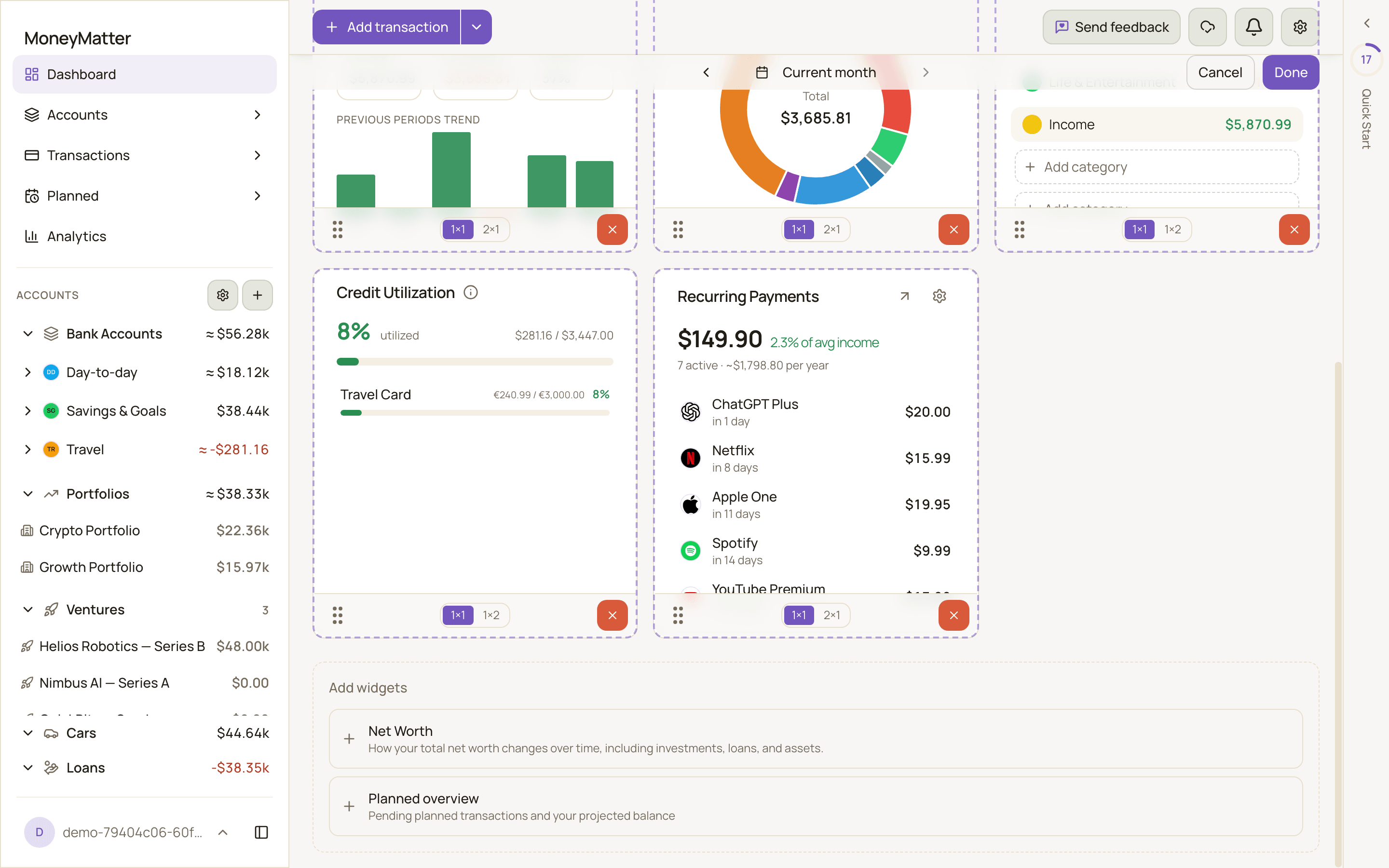 The dashboard in Customize mode, with drag handles, size buttons and remove buttons on each widget, the Add widgets panel, and Done and Cancel buttons.